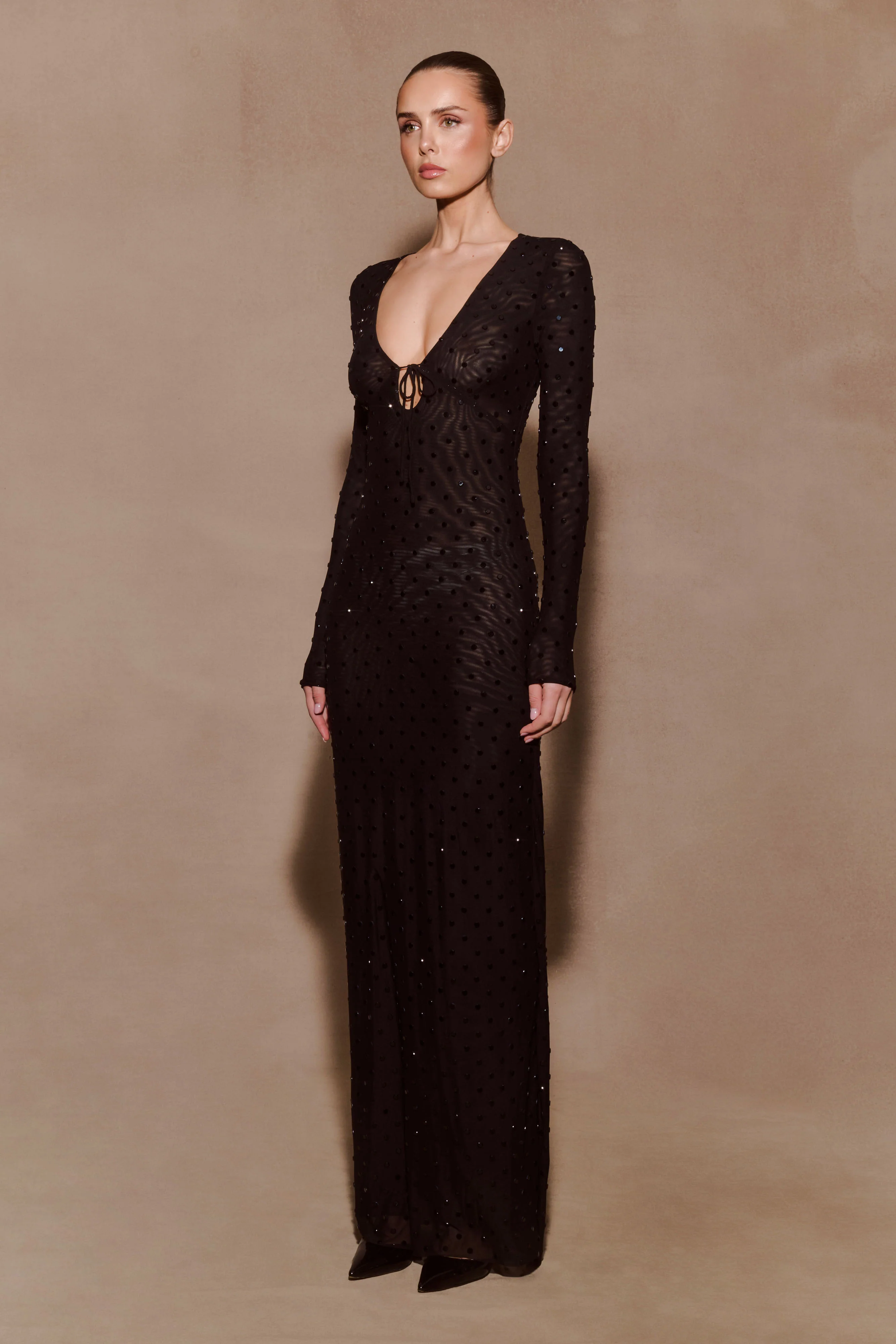 Acadia Diamante Long Sleeve Maxi Dress - Black - Image 4