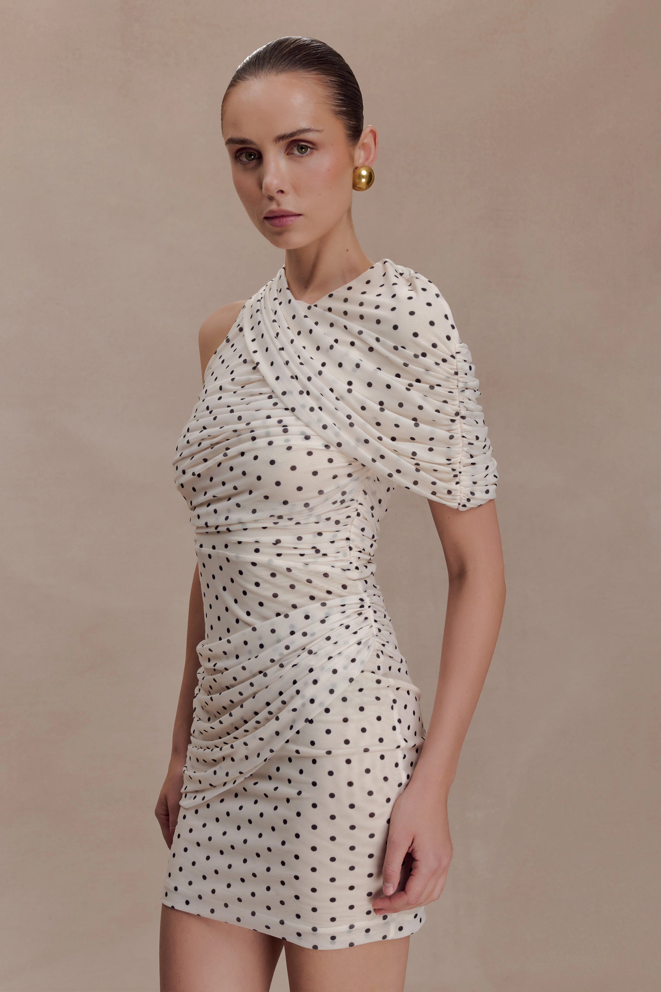 Adrienne One Shoulder Mesh Mini Dress - Polka Dot - Image 4