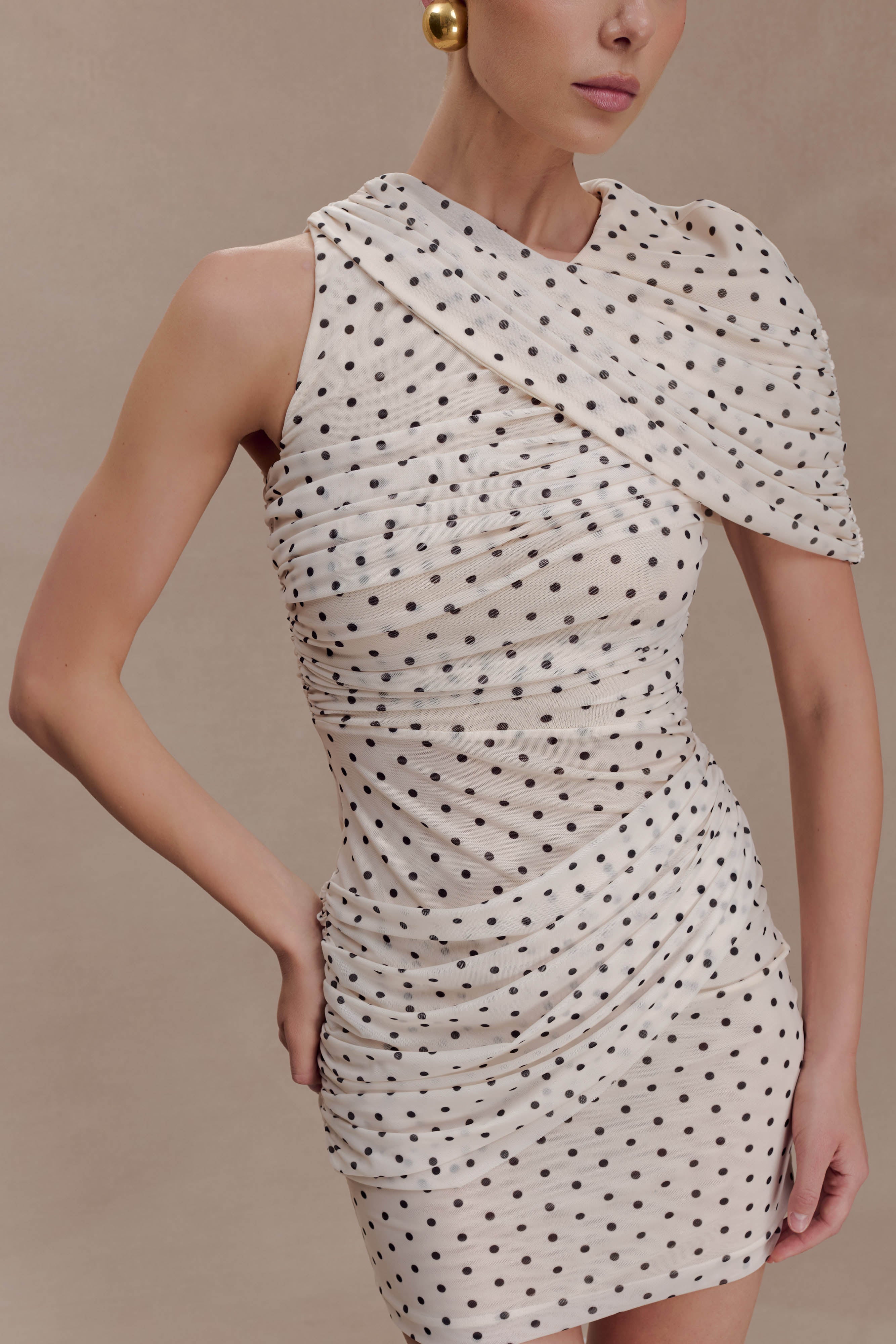 Adrienne One Shoulder Mesh Mini Dress - Polka Dot - Image 5