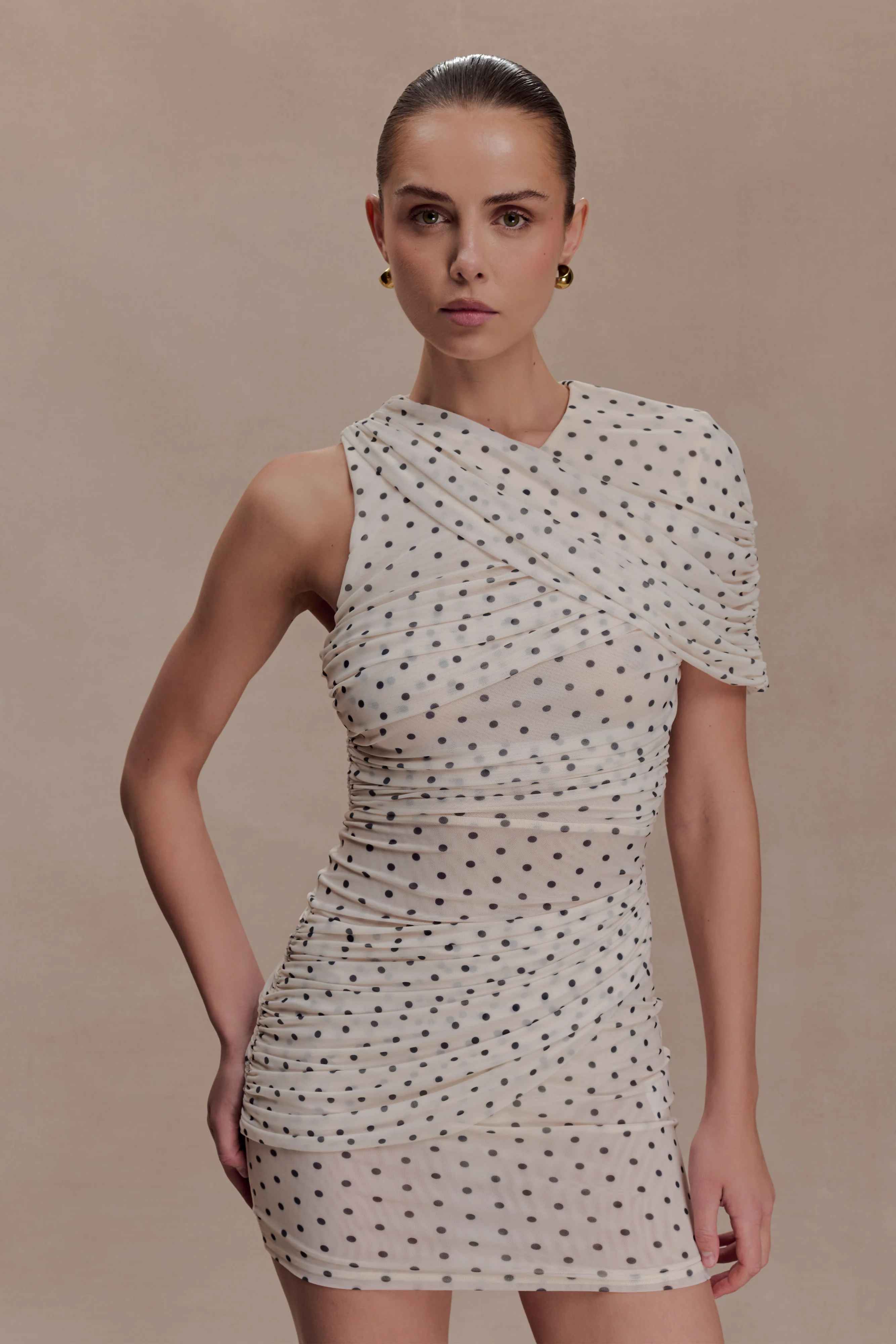 Adrienne One Shoulder Mesh Mini Dress - Polka Dot - Image 7