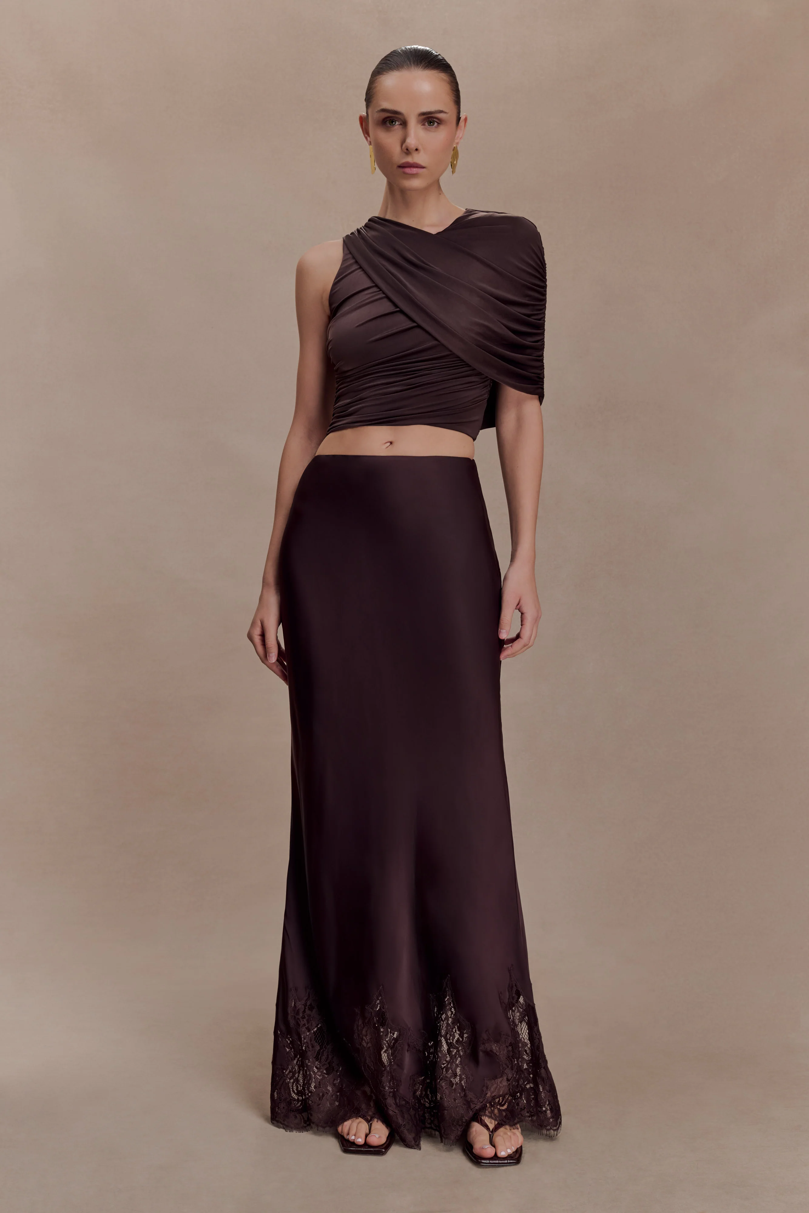 Adrienne One Shoulder Slinky Top - Chocolate - Image 7