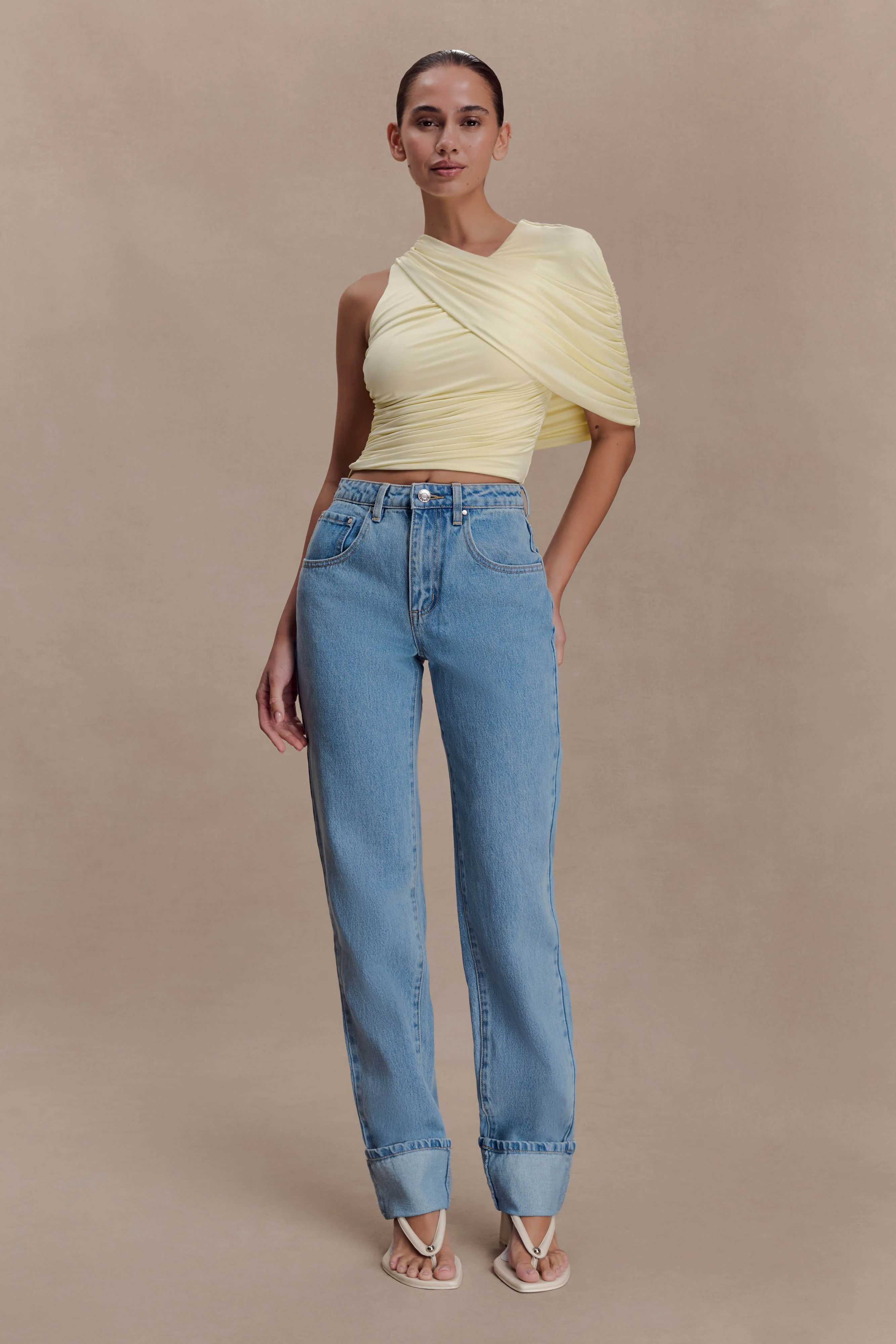 Adrienne One Shoulder Slinky Top - Lemon - Image 3