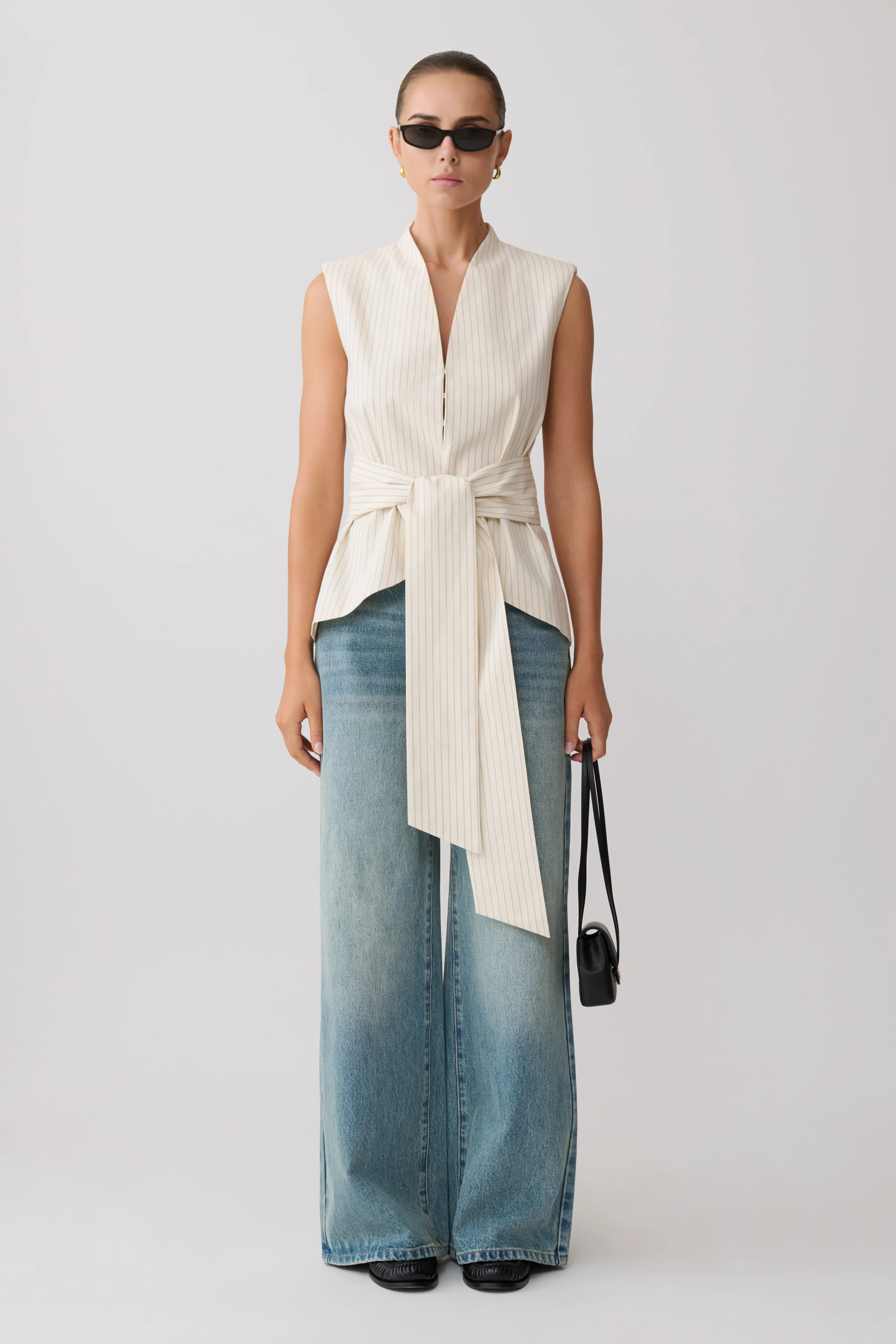Alina Waist Tie Sleeveless Top - Stripe - Image 6