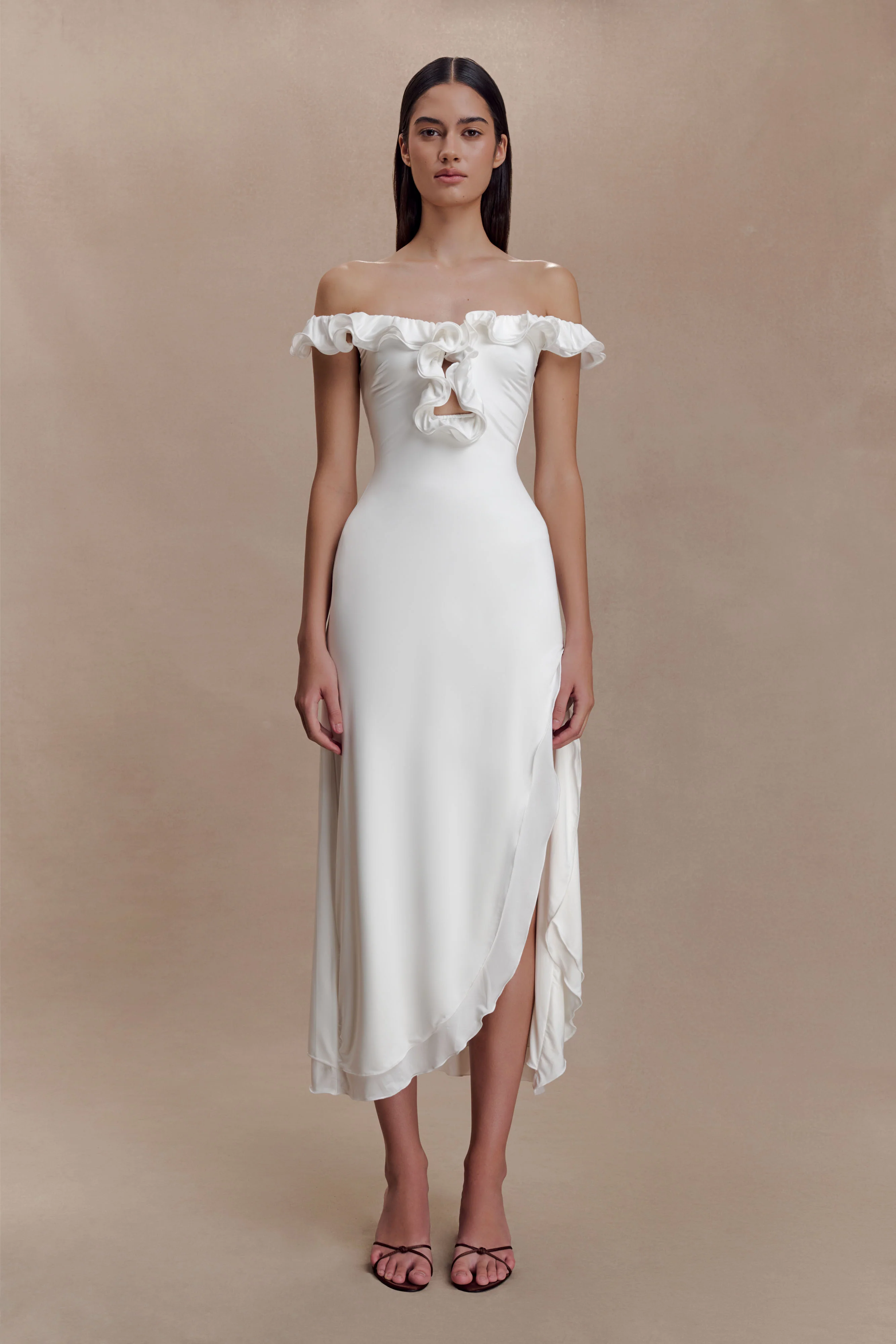 Allegra Off Shoulder Ruffle Midi Dress - Ivory - Image 2