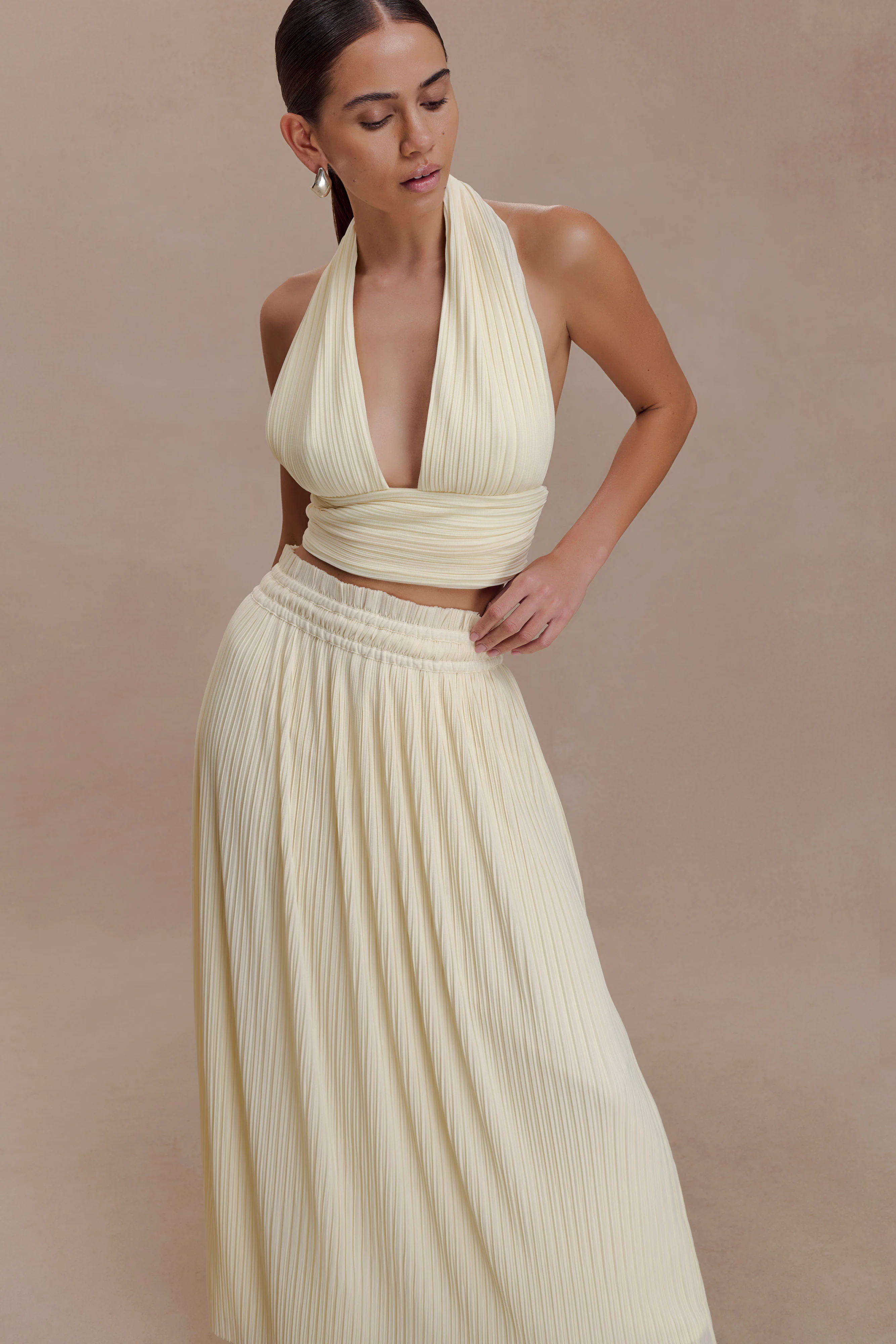 Amaris Sleeveless Plisse Halter Top - Lemon - Image 3