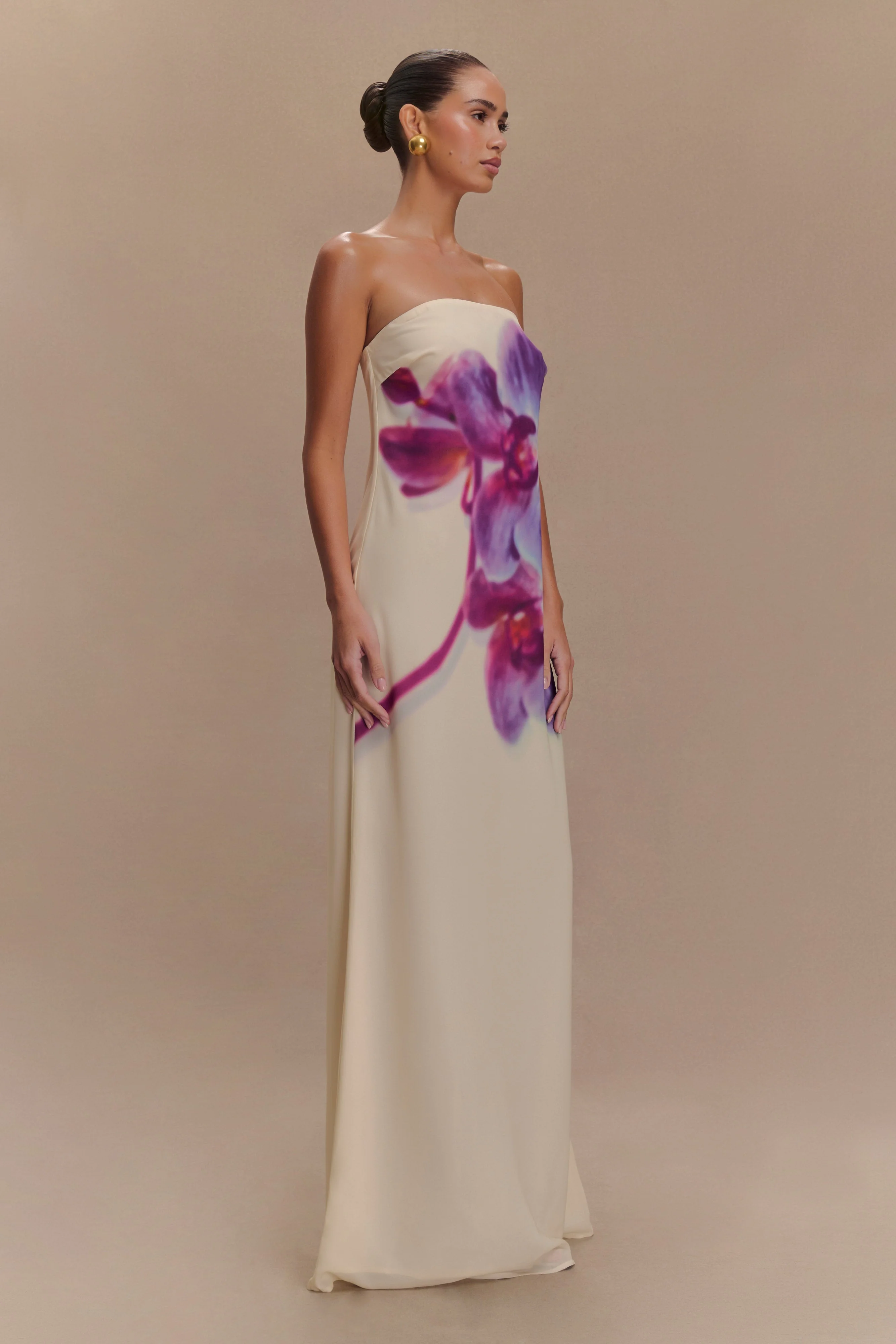 Amaya Strapless Chiffon Maxi Dress - Ivory Koi Orchid Print - Image 3