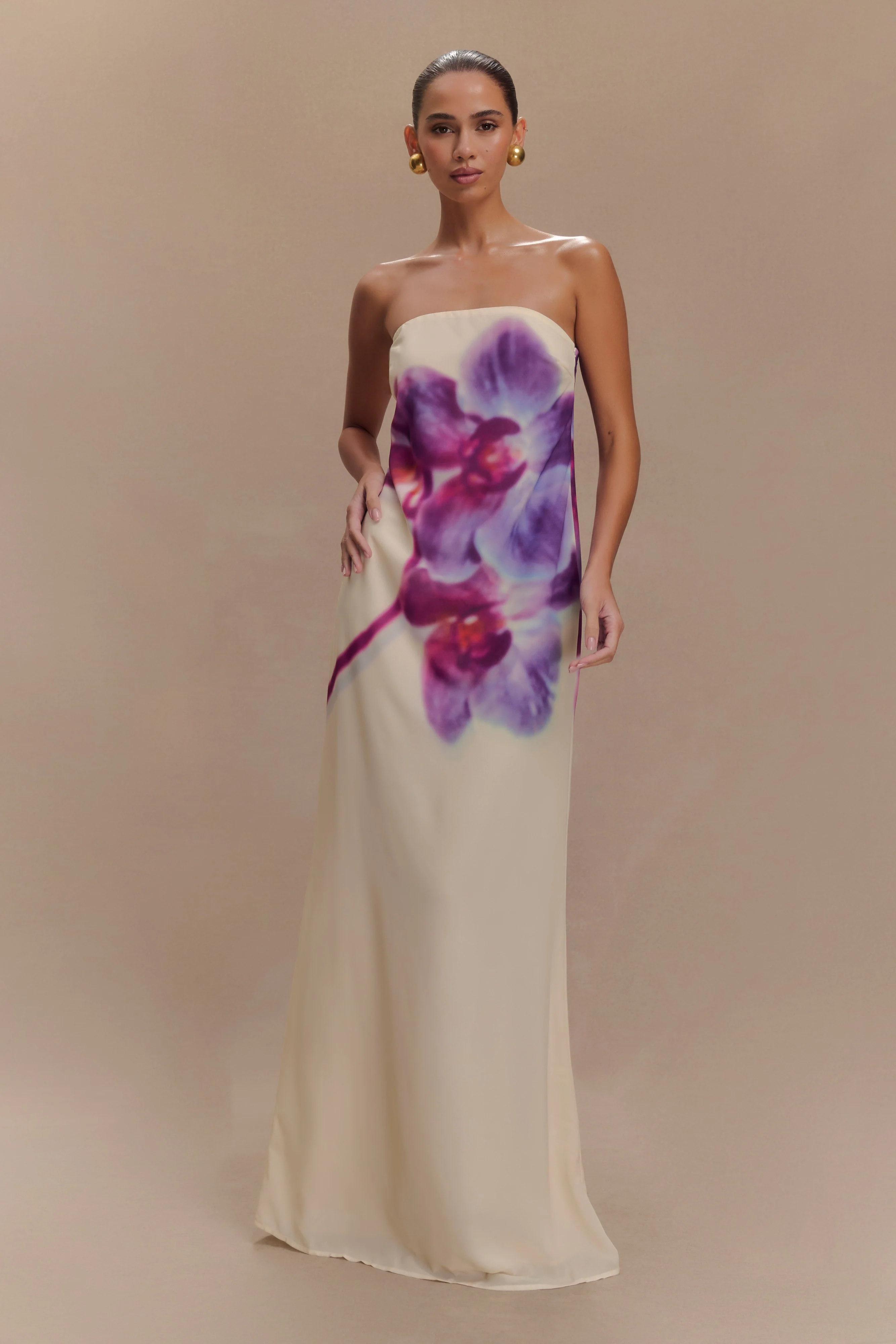 Amaya Strapless Chiffon Maxi Dress - Ivory Koi Orchid Print - Image 4