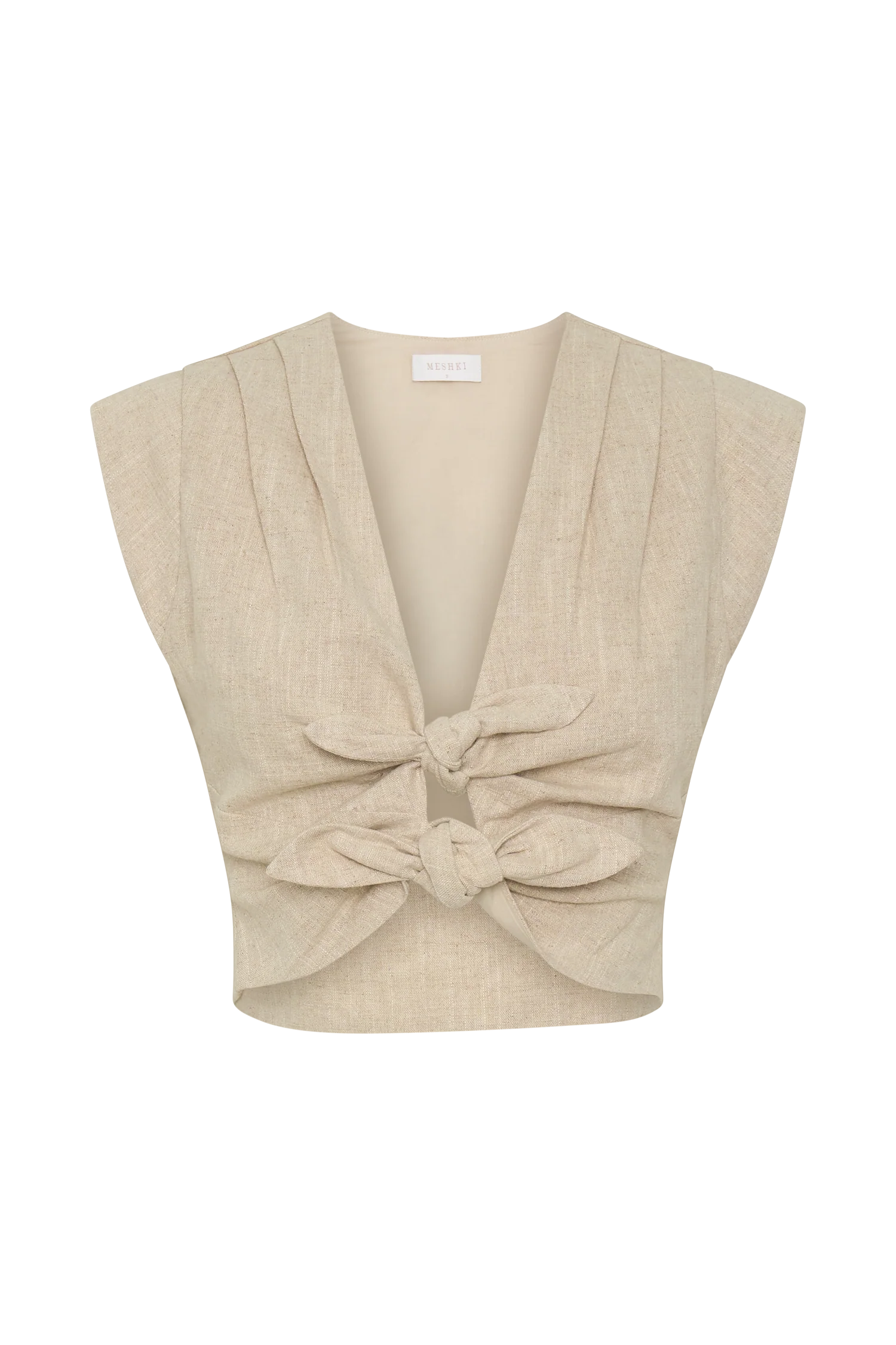 Anahita Linen Front Bows Short Sleeve Top - Natural - Image 11