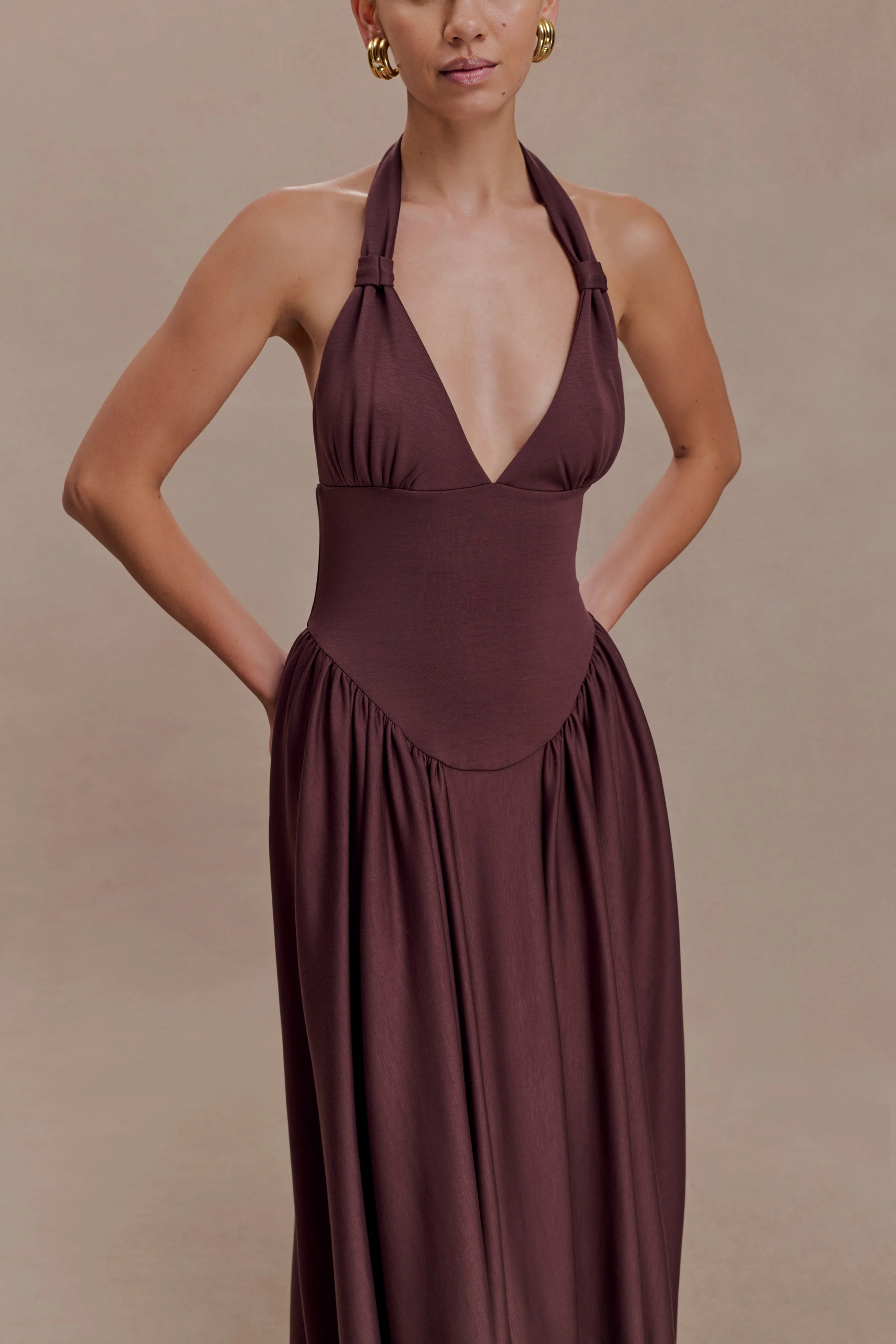 Angelina Scuba Halter Midi Dress - Chocolate - Image 3