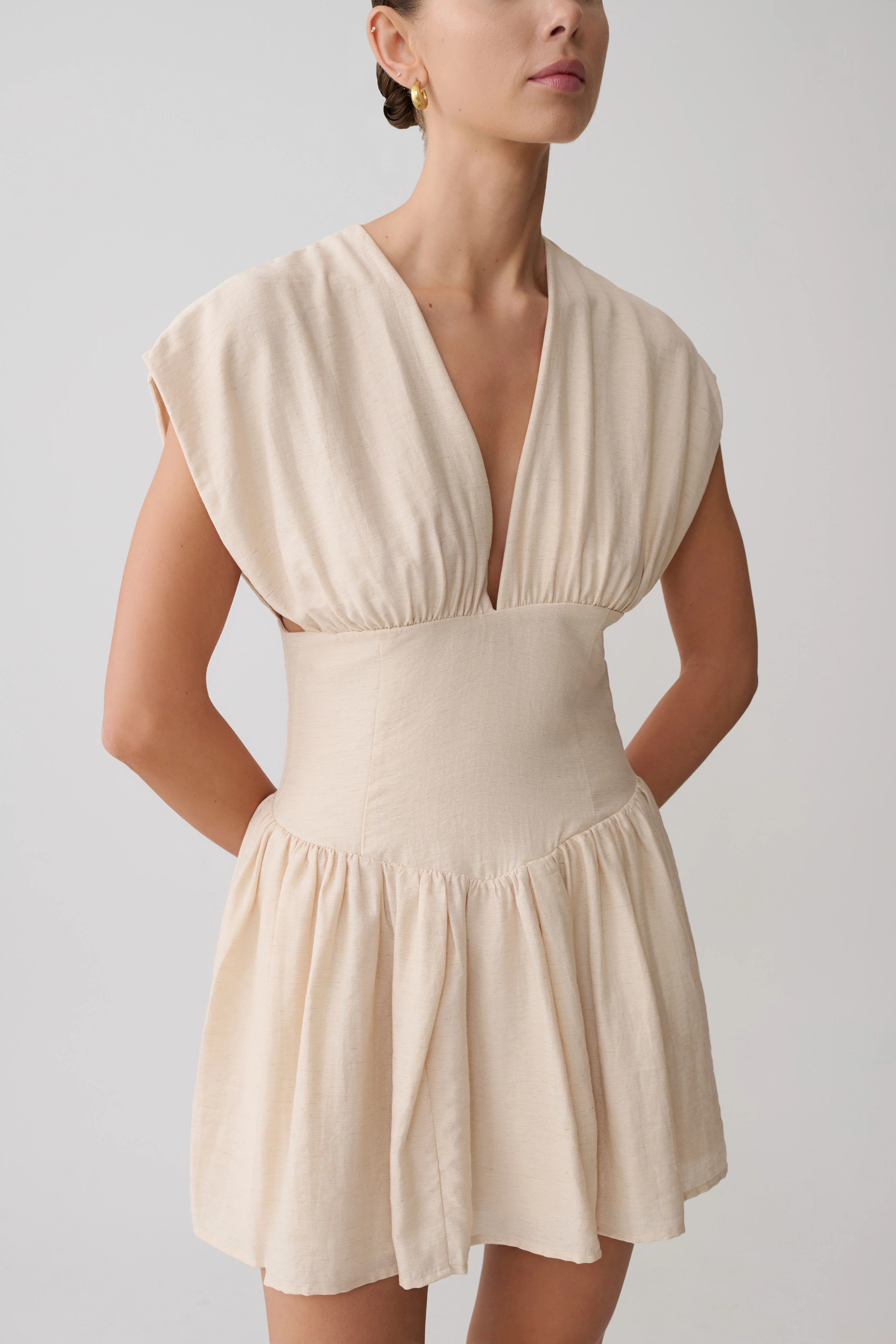 Arabella Cinched Waist Linen Mini Dress - Natural - Image 6