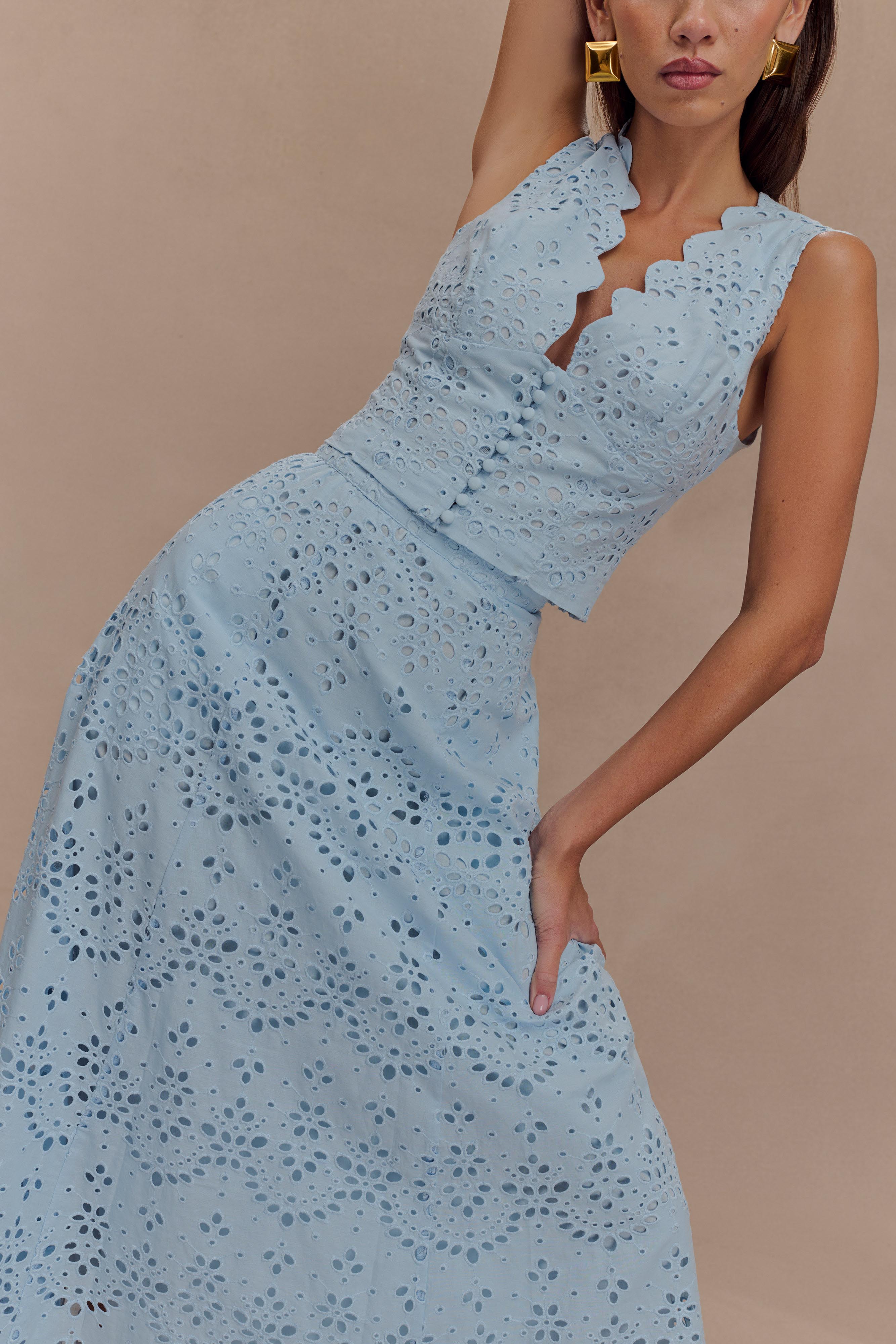 Arla Broderie Midi Skirt - Pale Cornflower Blue - Image 3