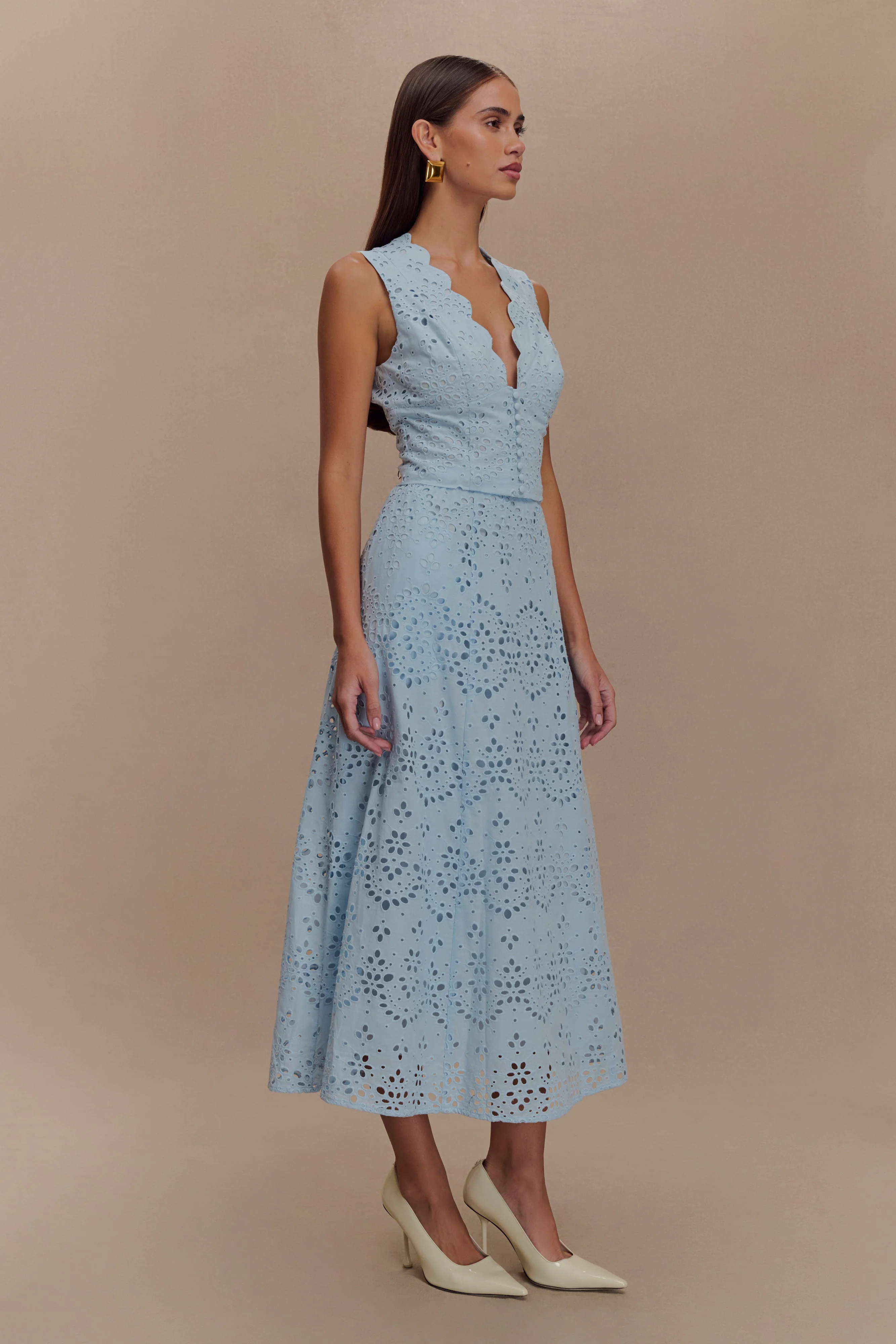 Arla Broderie Midi Skirt - Pale Cornflower Blue - Image 4