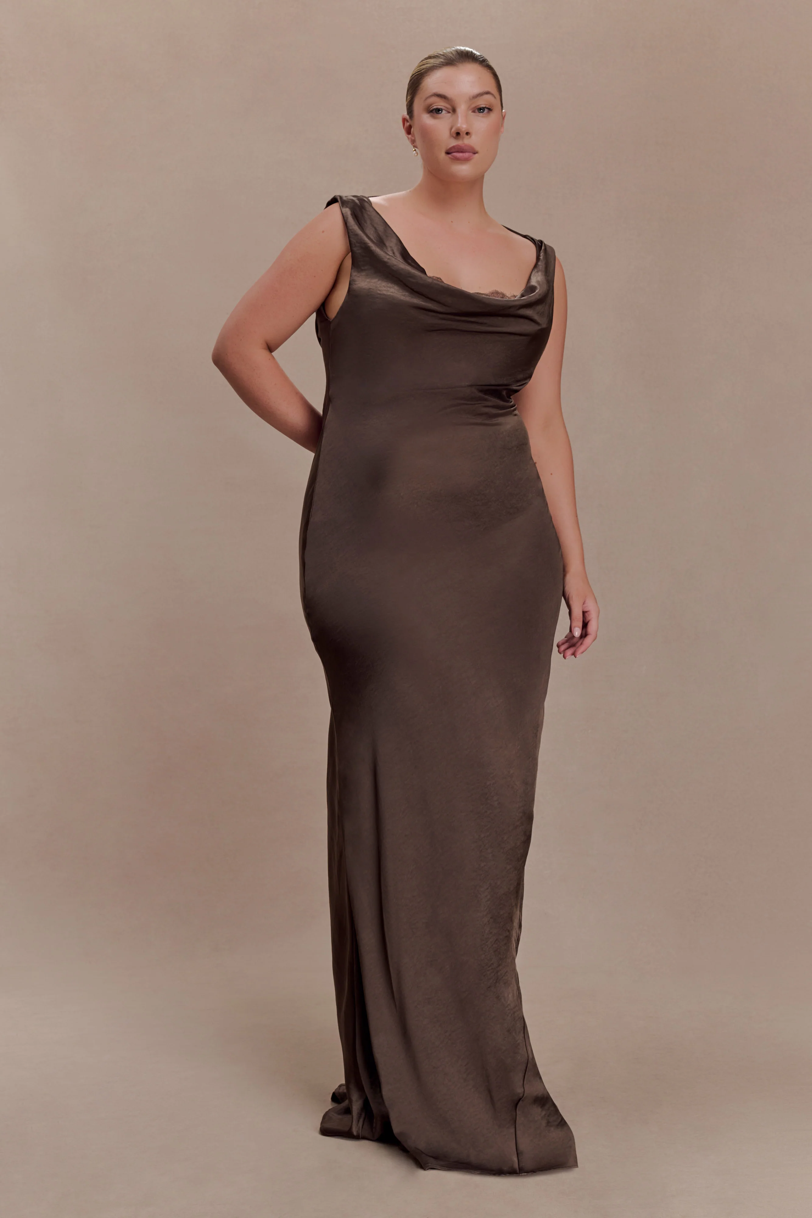 Ashley Cowl Neck Lace And Satin Maxi Dress - Mocha - Image 6