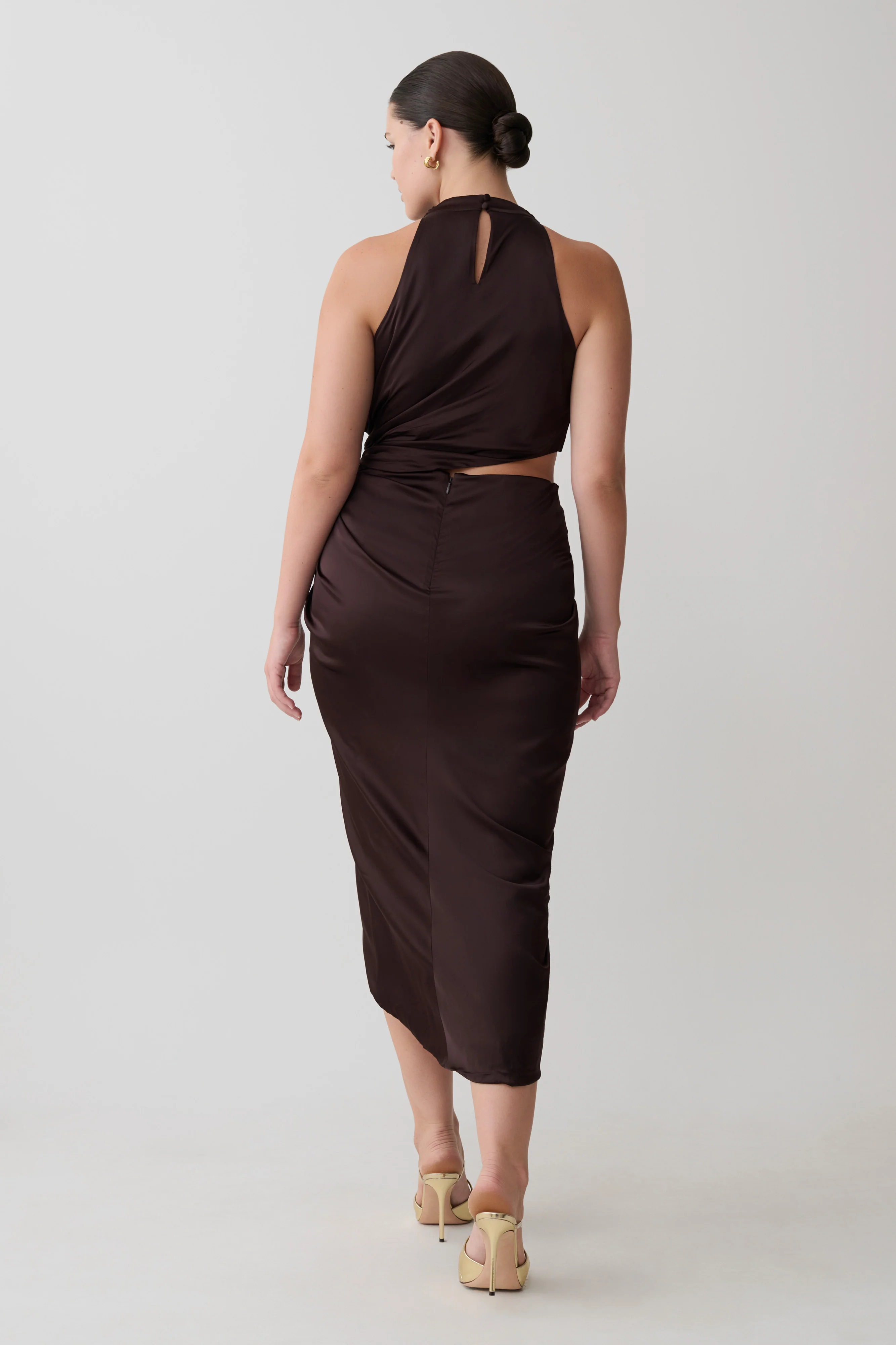 Aveline Draped Halter Midi Dress - Dark Chocolate - Image 2