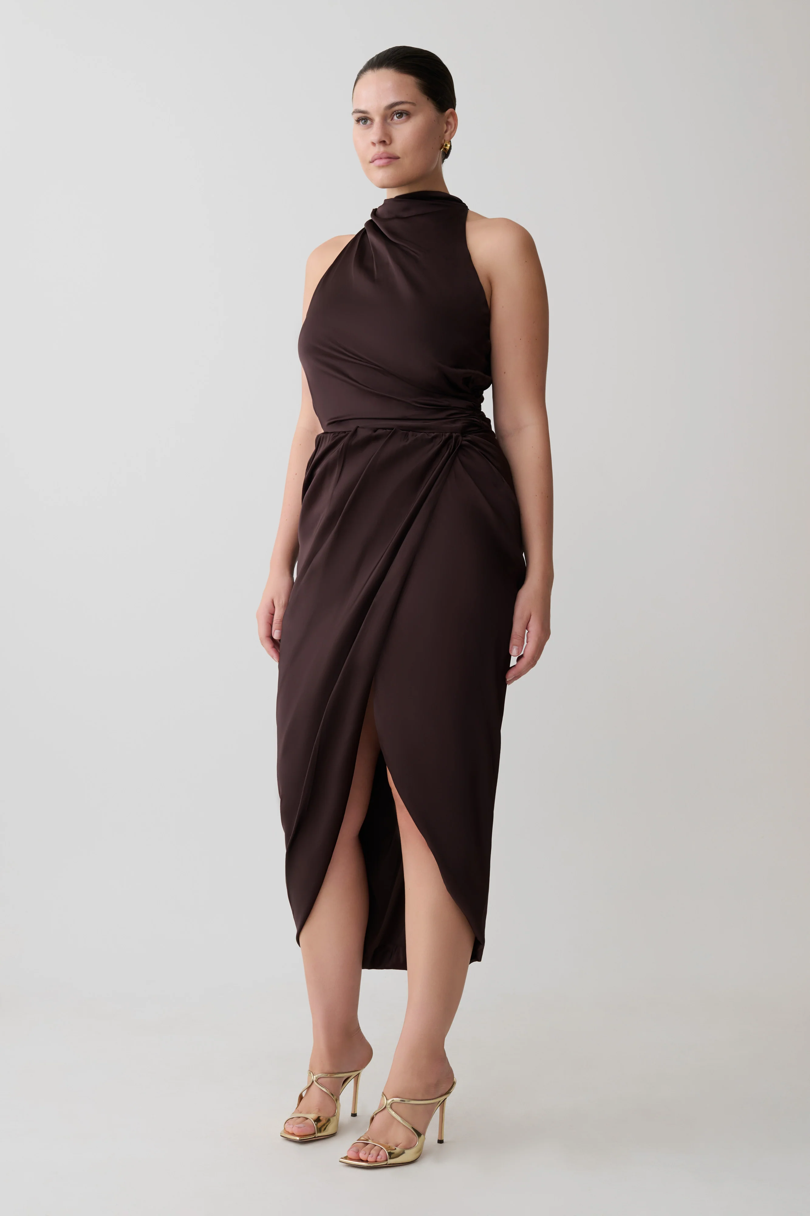 Aveline Draped Halter Midi Dress - Dark Chocolate - Image 3