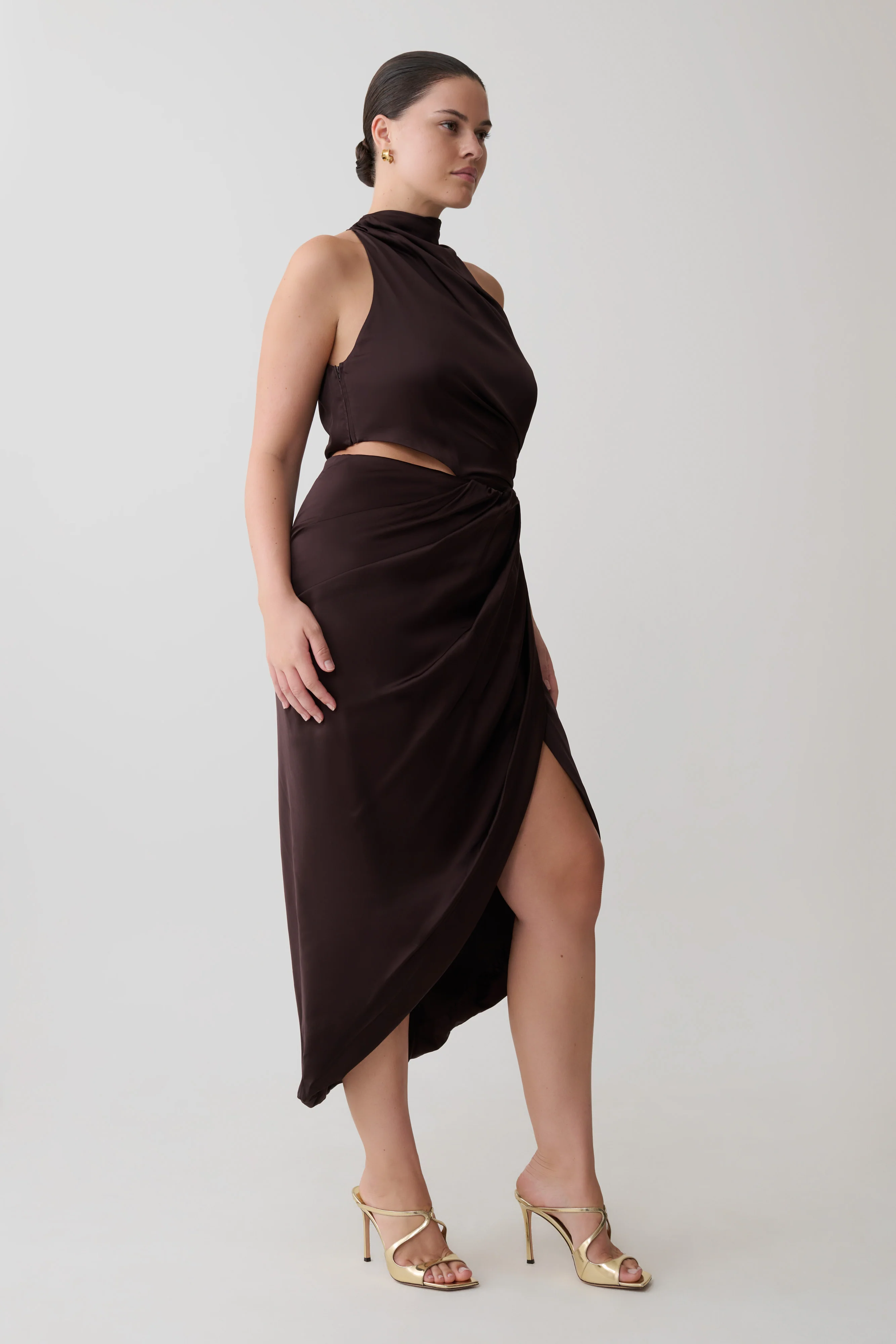 Aveline Draped Halter Midi Dress - Dark Chocolate - Image 4