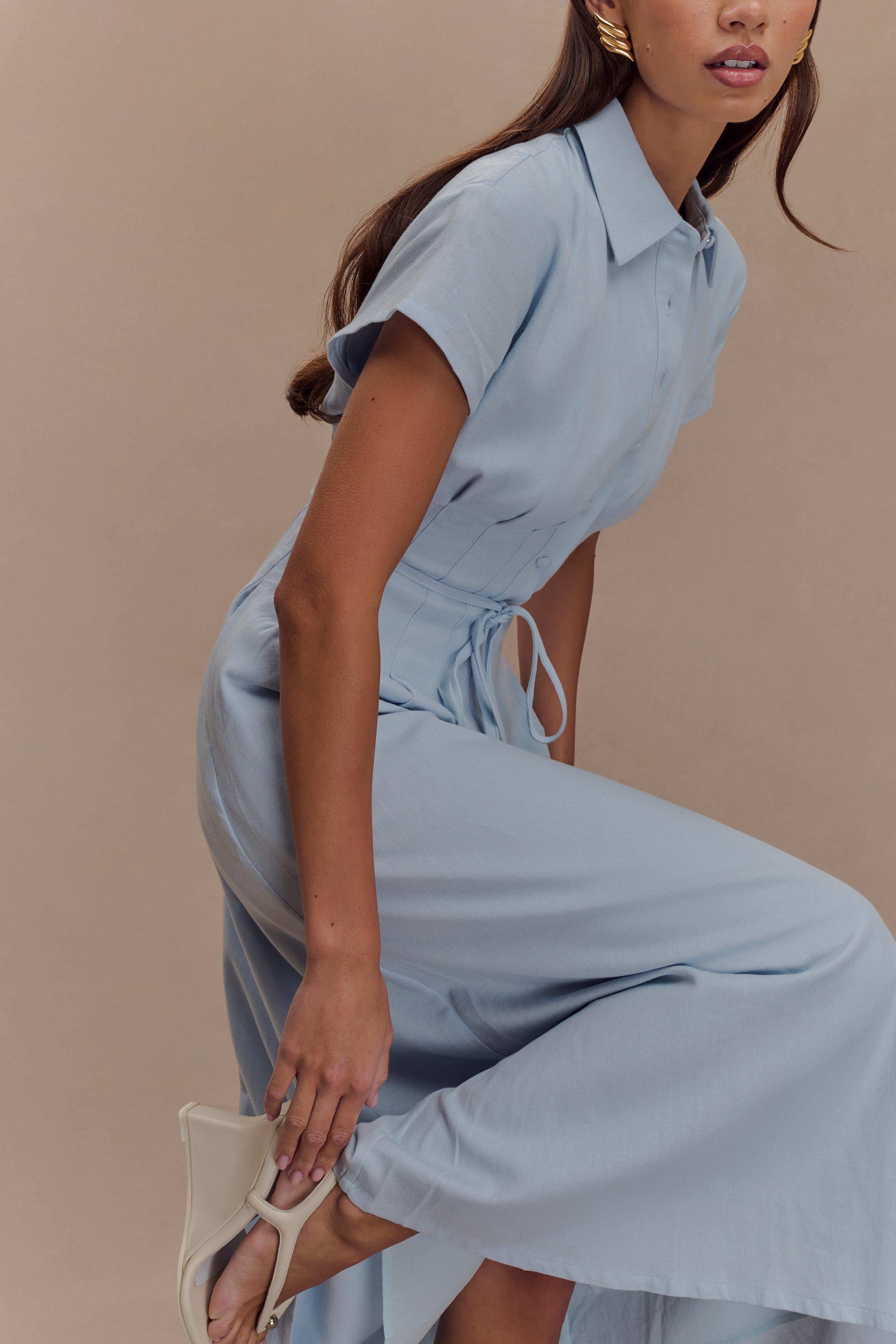 Aysha Buttoned Linen Midi Dress - Cornflower Blue - Image 3