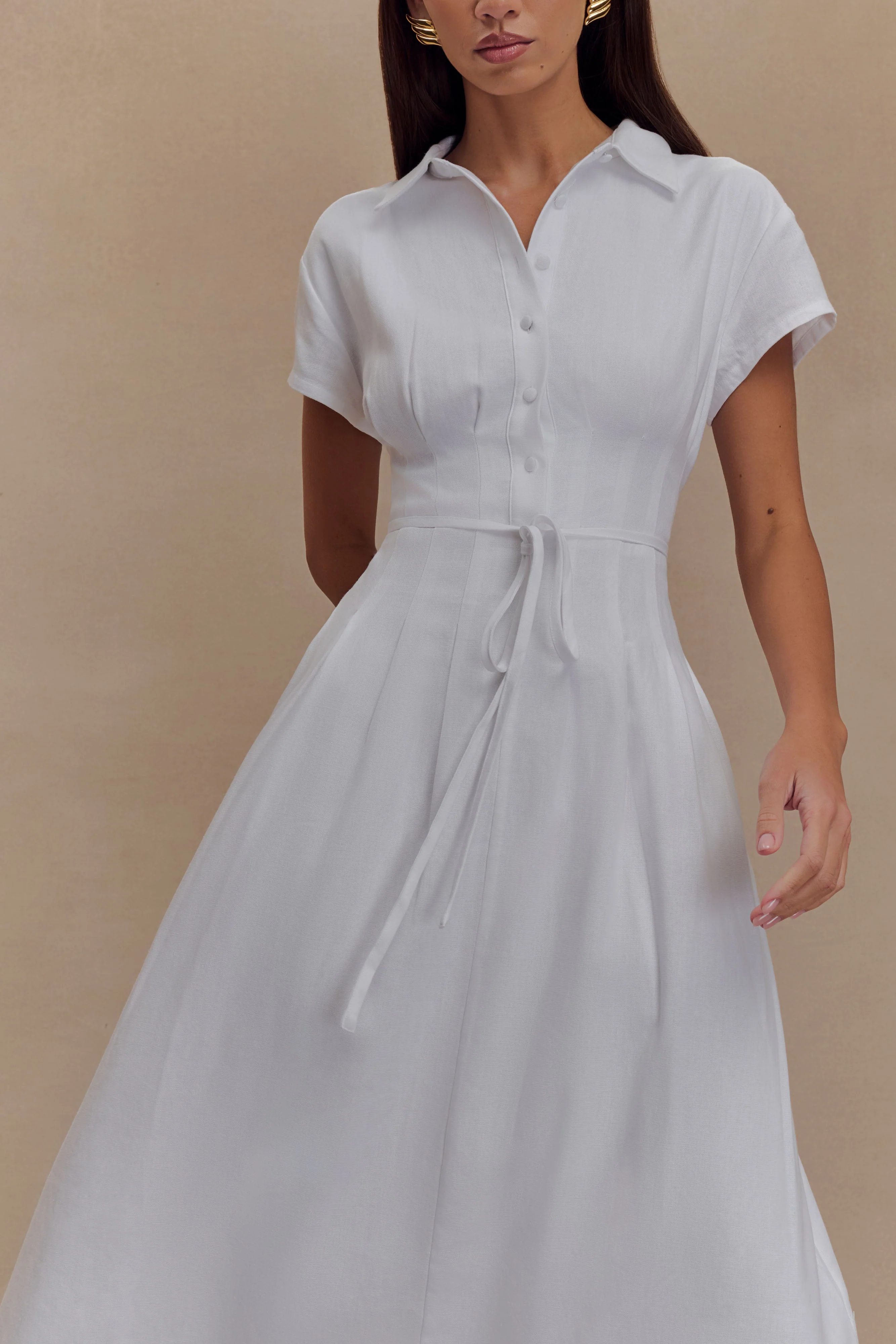 Aysha Buttoned Linen Midi Dress - White - Image 3
