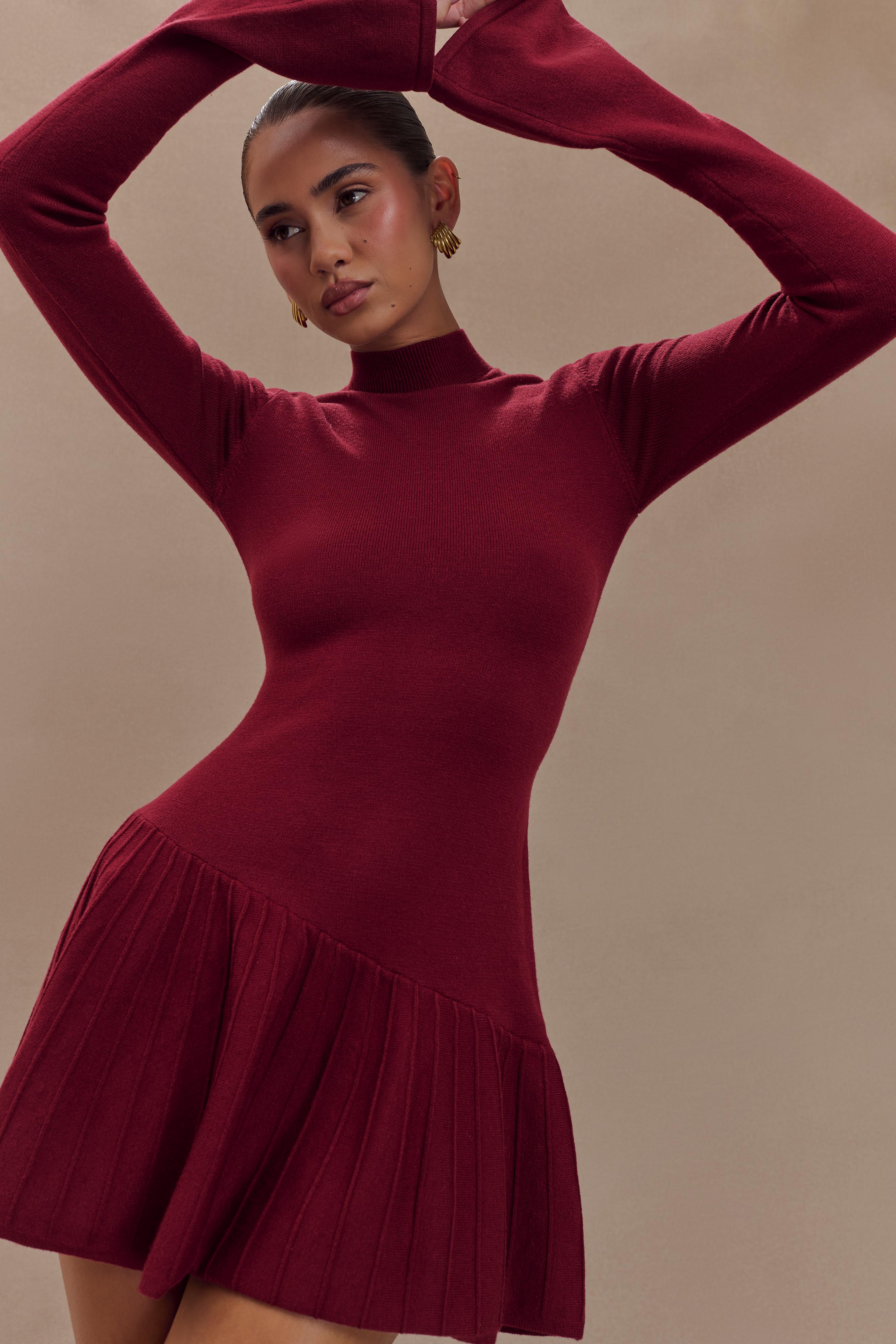 Blair Knit Mini Dress With Pleats - Merlot - Image 3