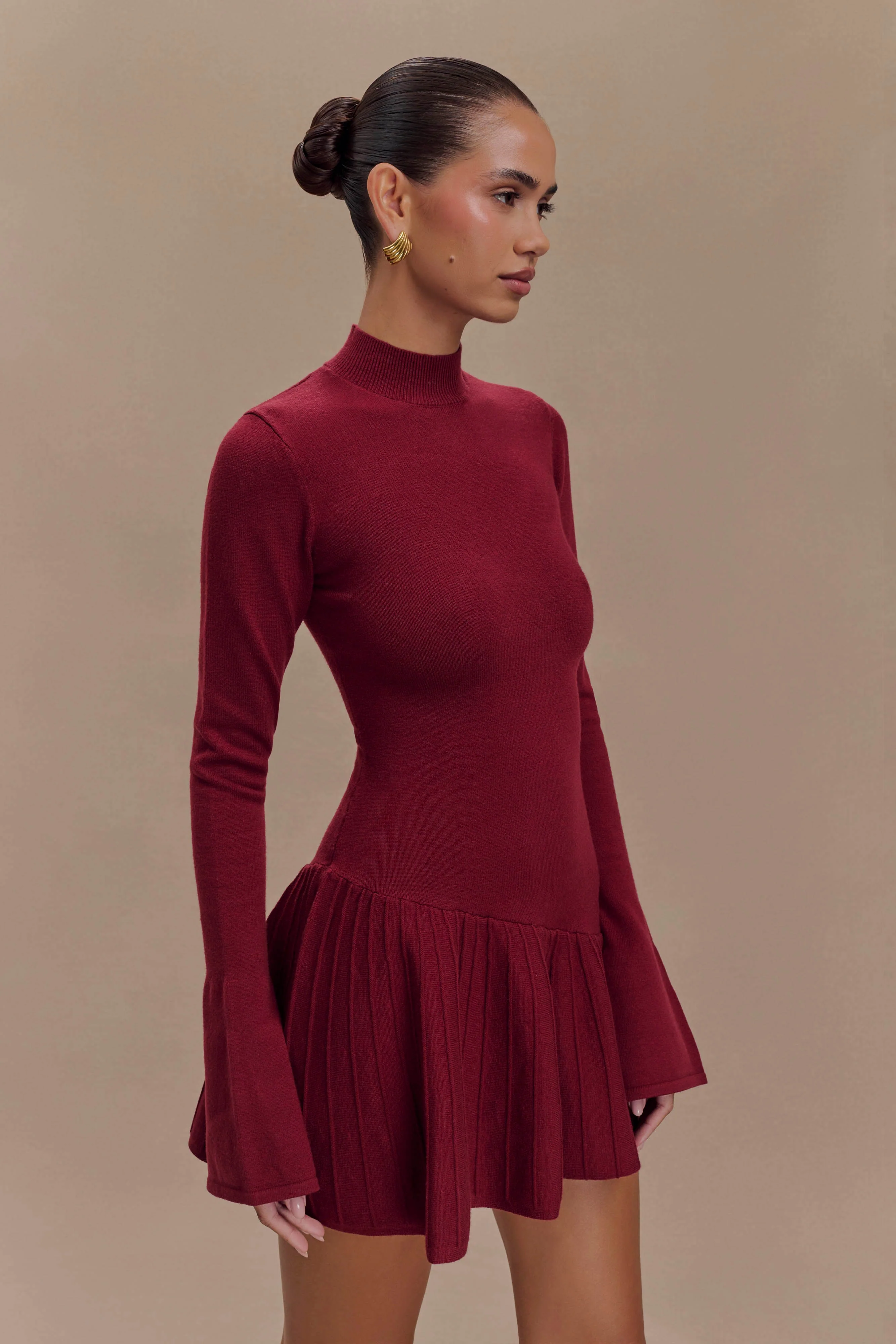Blair Knit Mini Dress With Pleats - Merlot - Image 4