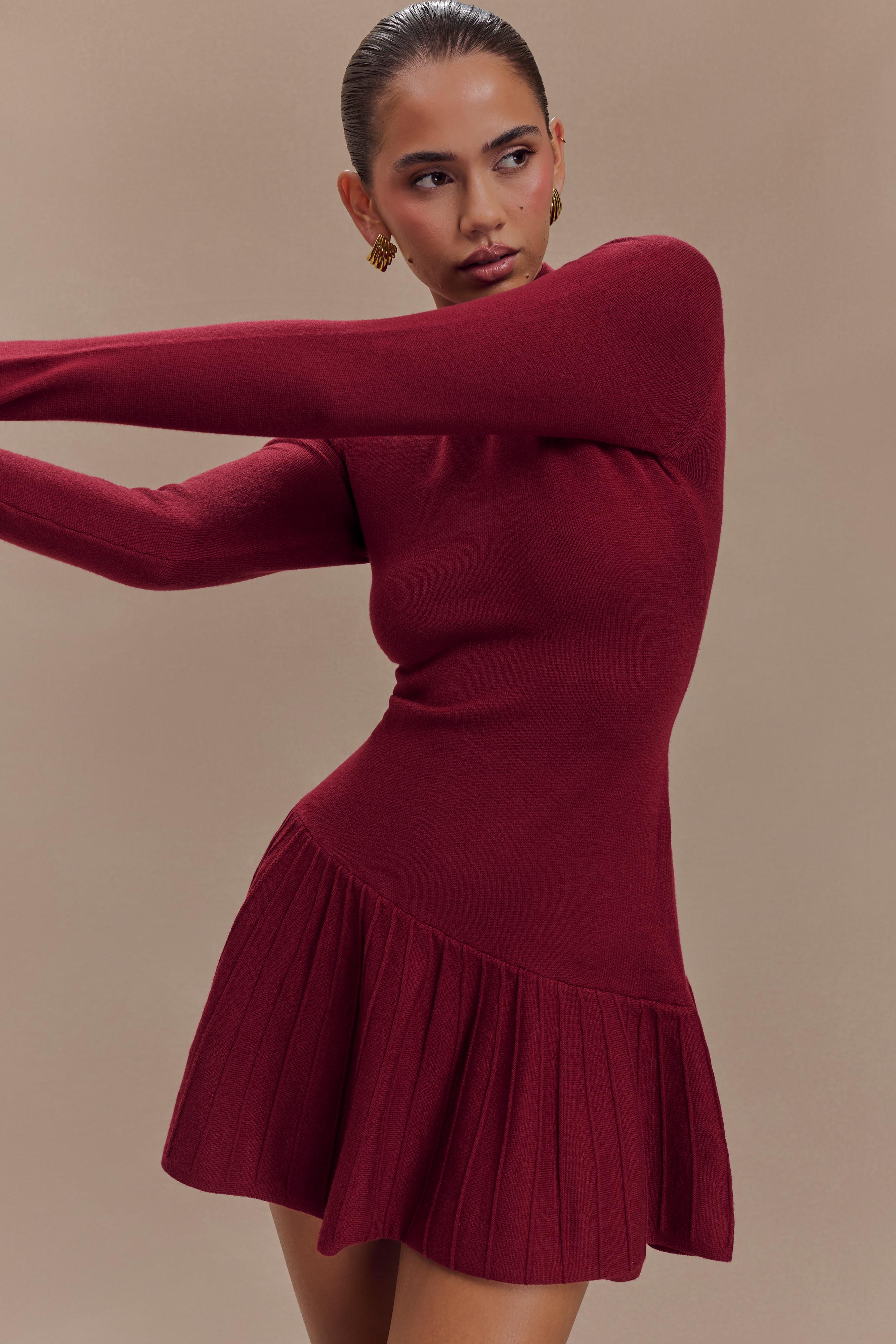 Blair Knit Mini Dress With Pleats - Merlot - Image 5