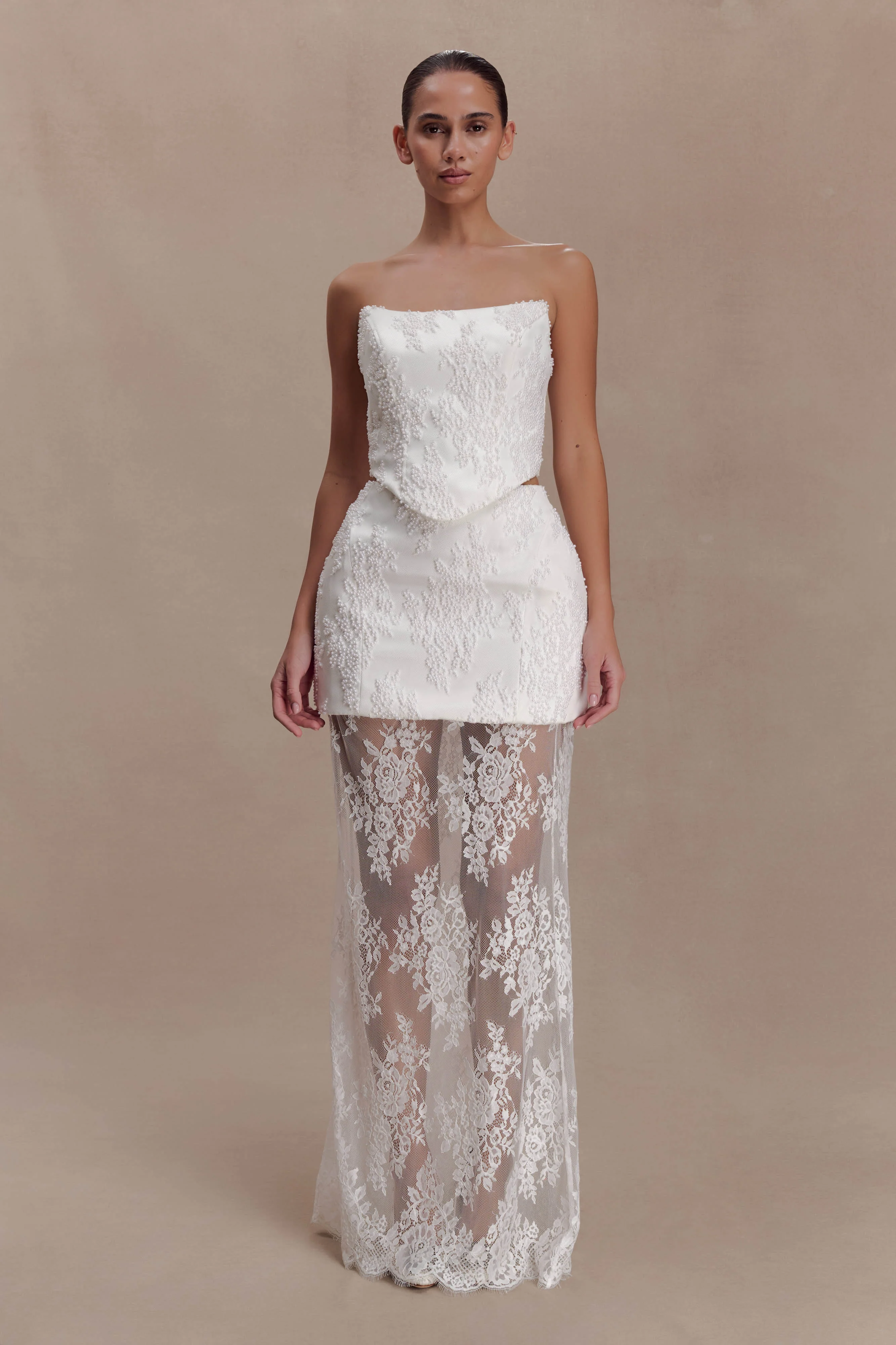 Camille Beaded Satin And Lace Corset Top - Ivory - Image 6