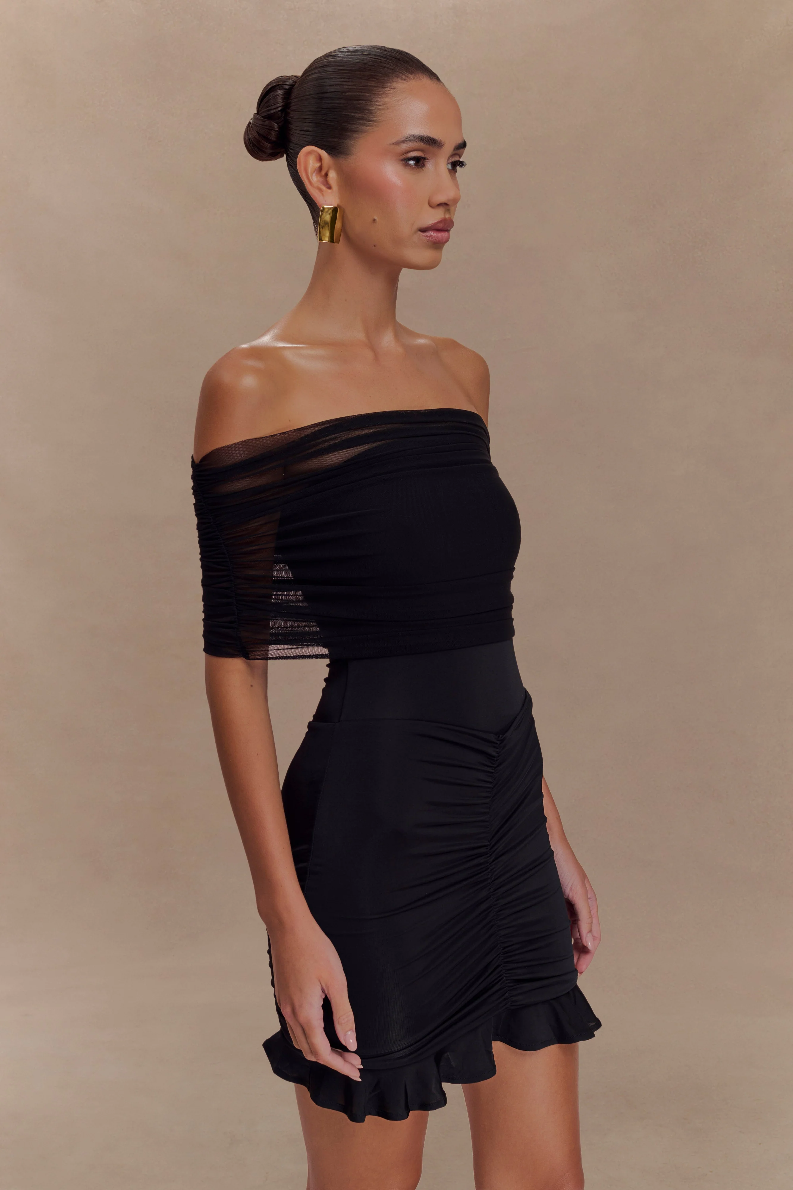 Caspian Slinky And Mesh Off Shoulder Mini Dress - Black - Image 4