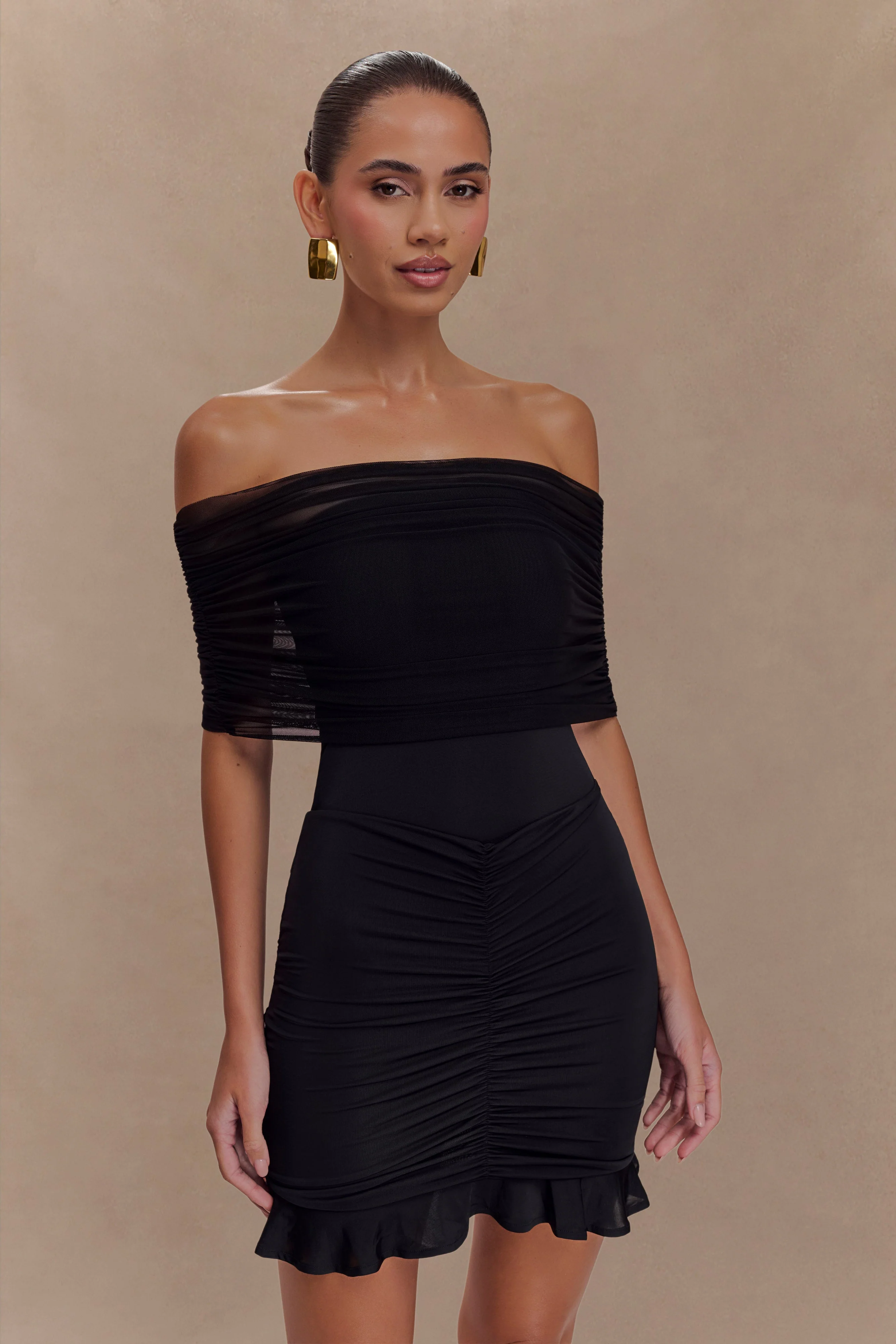 Caspian Slinky And Mesh Off Shoulder Mini Dress - Black - Image 5