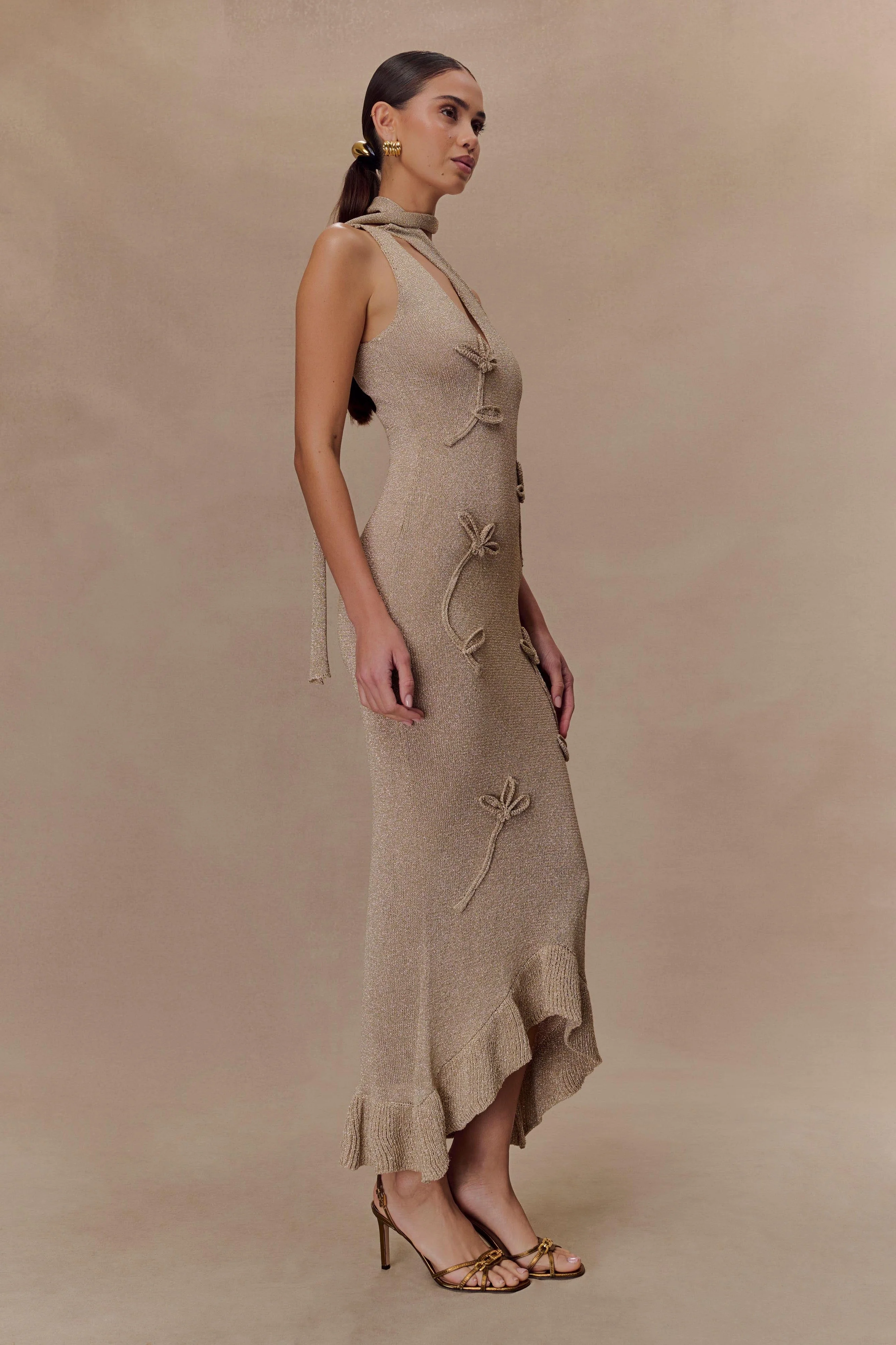 Celestino Floral Metallic Knit Maxi Dress - Gold - Image 3