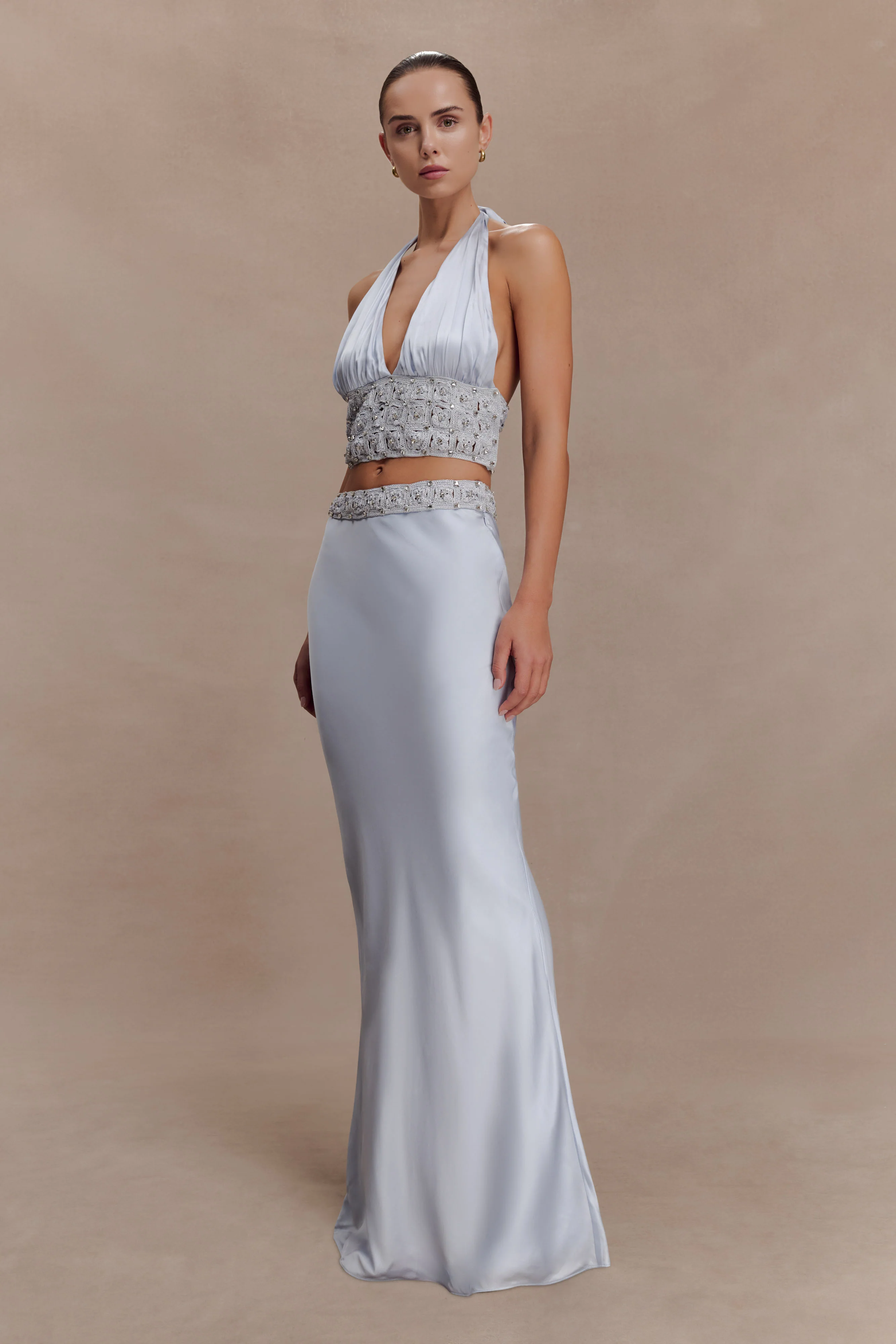 Clementine Chiffon Hand Beaded Maxi Skirt - Pale Blue - Image 3