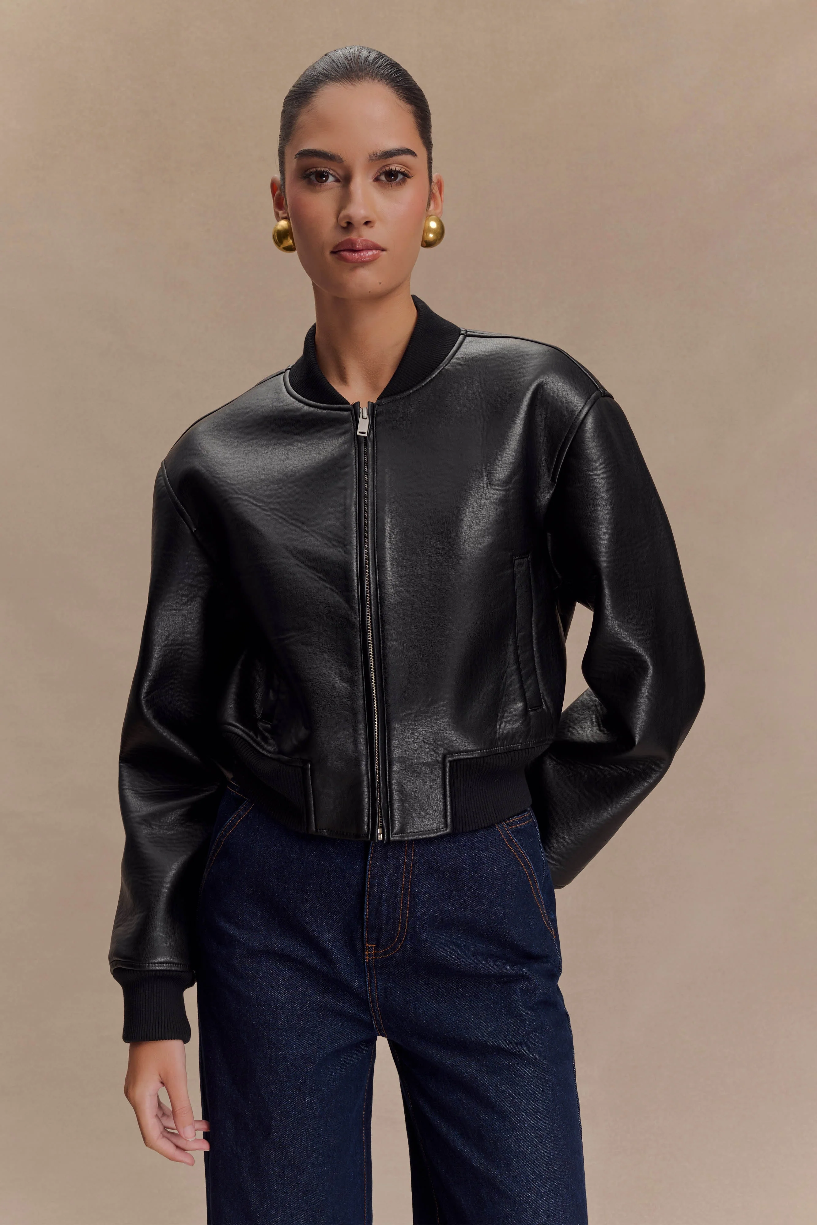 Codi Faux Leather Bomber Jacket - Black - Image 3