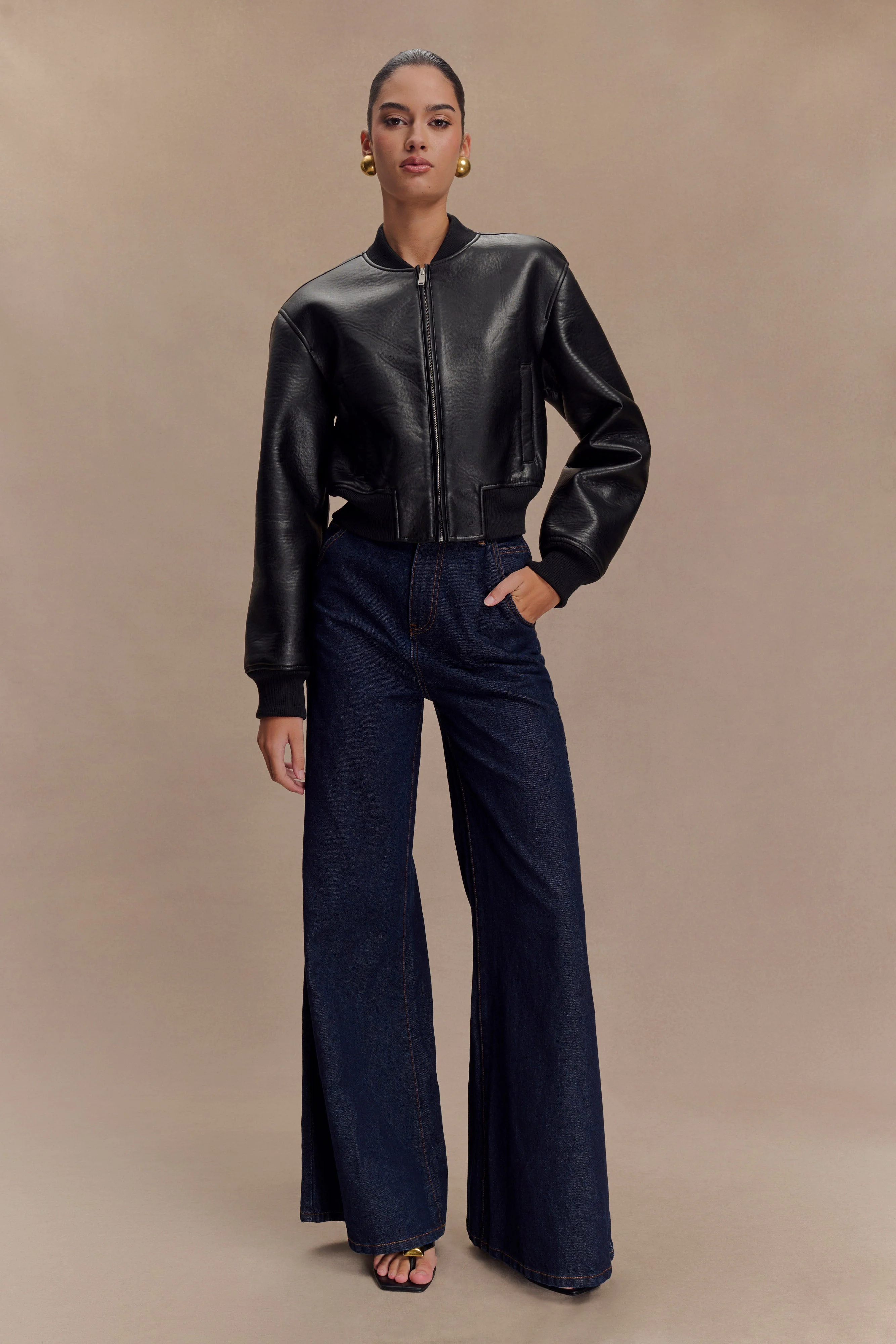 Codi Faux Leather Bomber Jacket - Black - Image 9