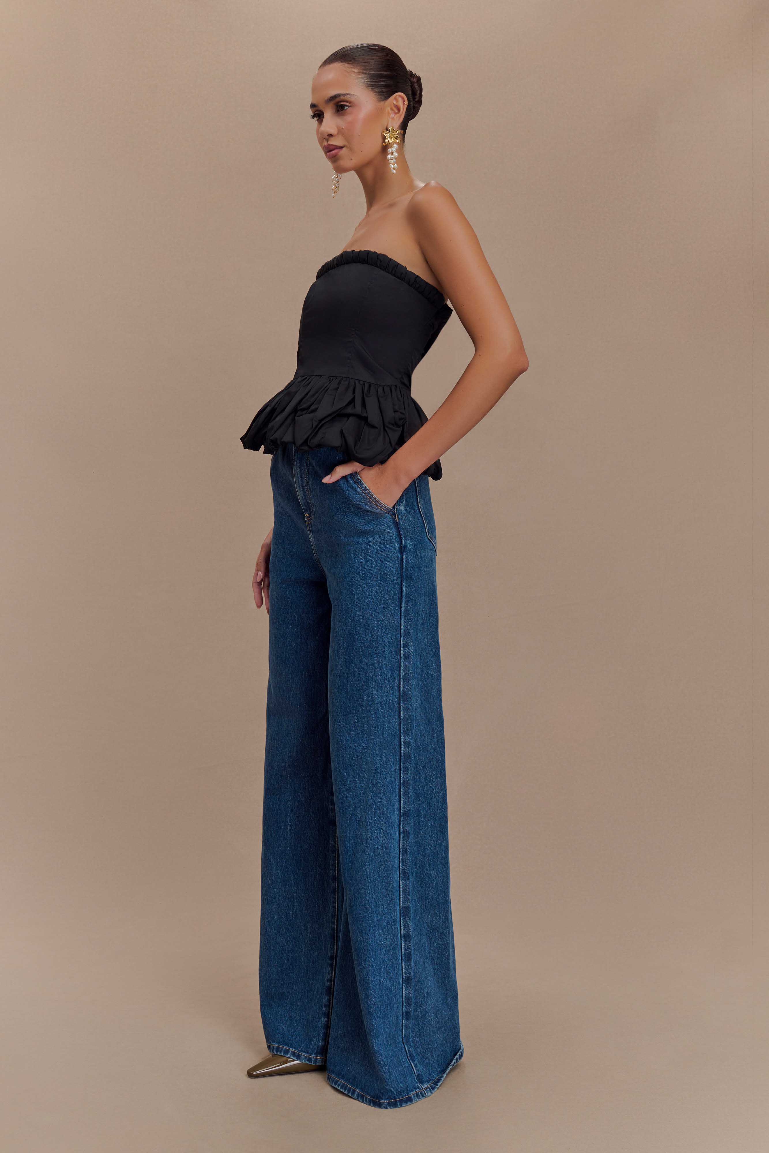 Cora Ruched Strapless Top - Black - Image 4