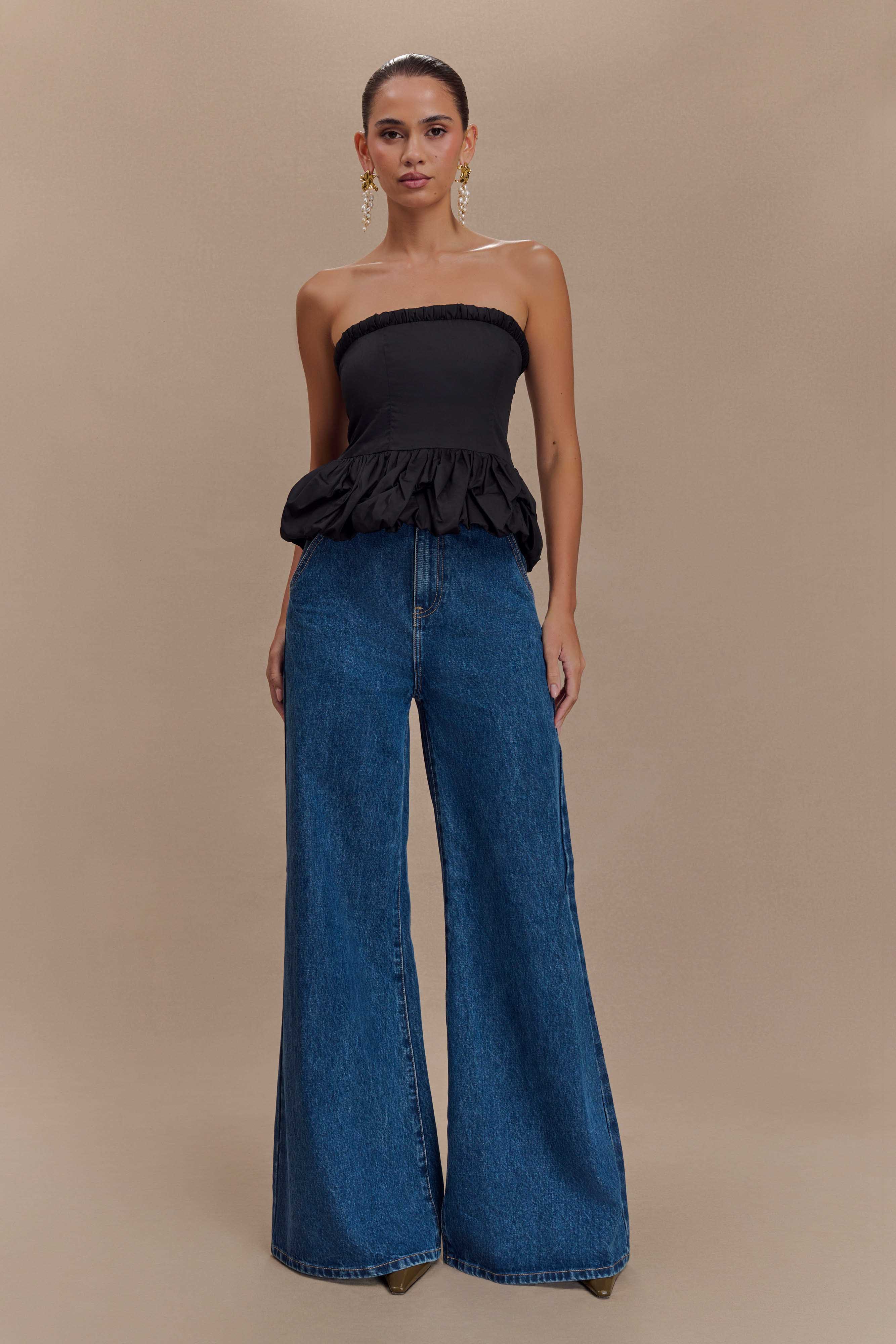 Cora Ruched Strapless Top - Black - Image 5