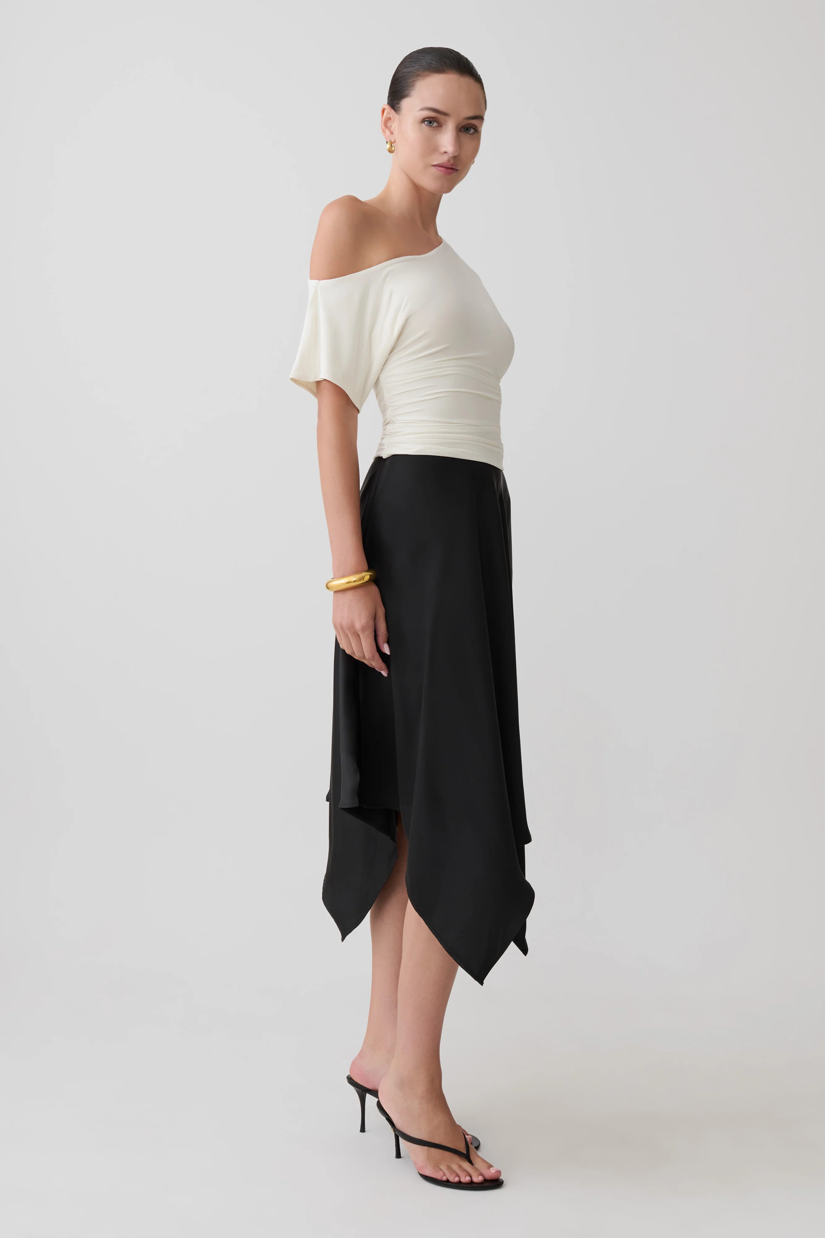 Coralie Asymmetric Satin Midi Skirt - Black - Image 3