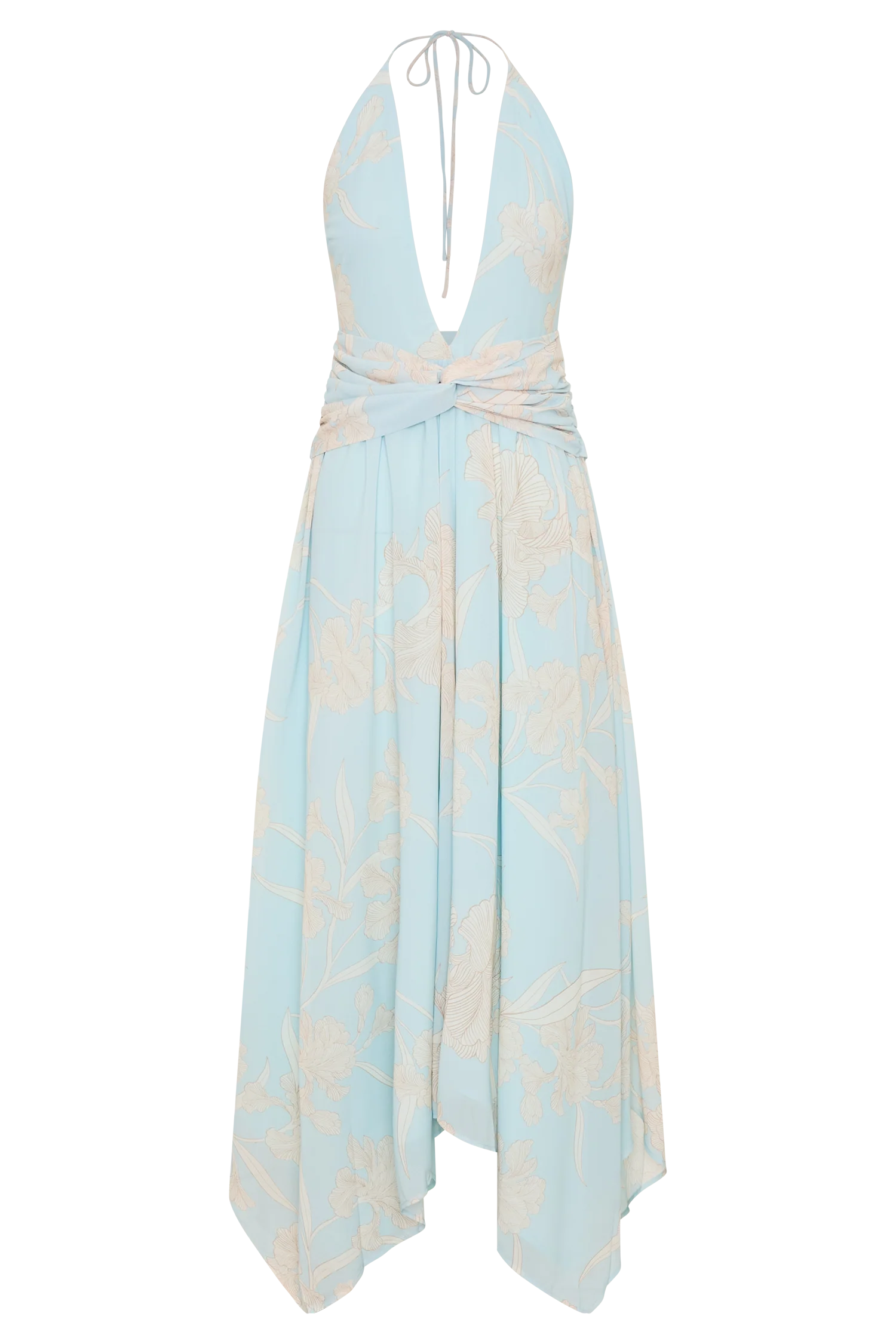 Cyra Plunge Chiffon Midi Dress - Blue Floral Print - Image 7