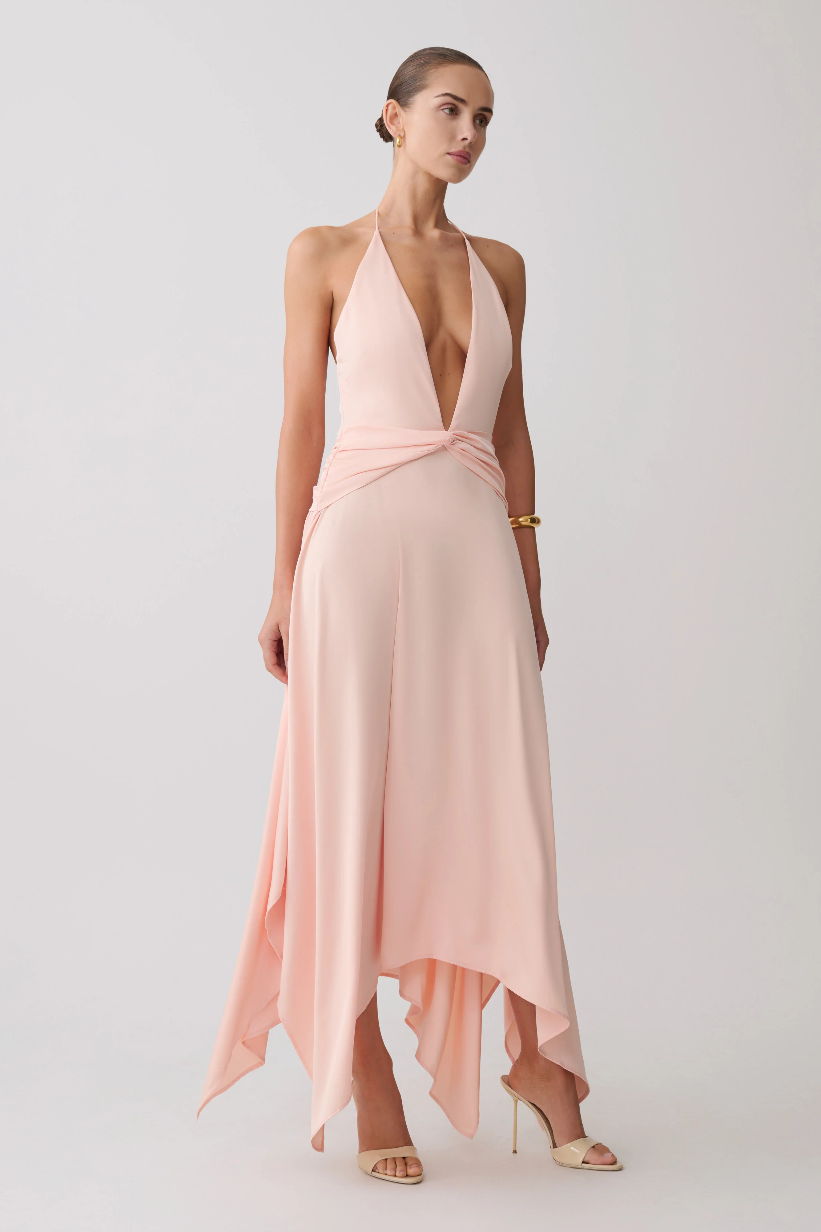 Cyra Plunge Satin Midi Dress - Peach - Image 3