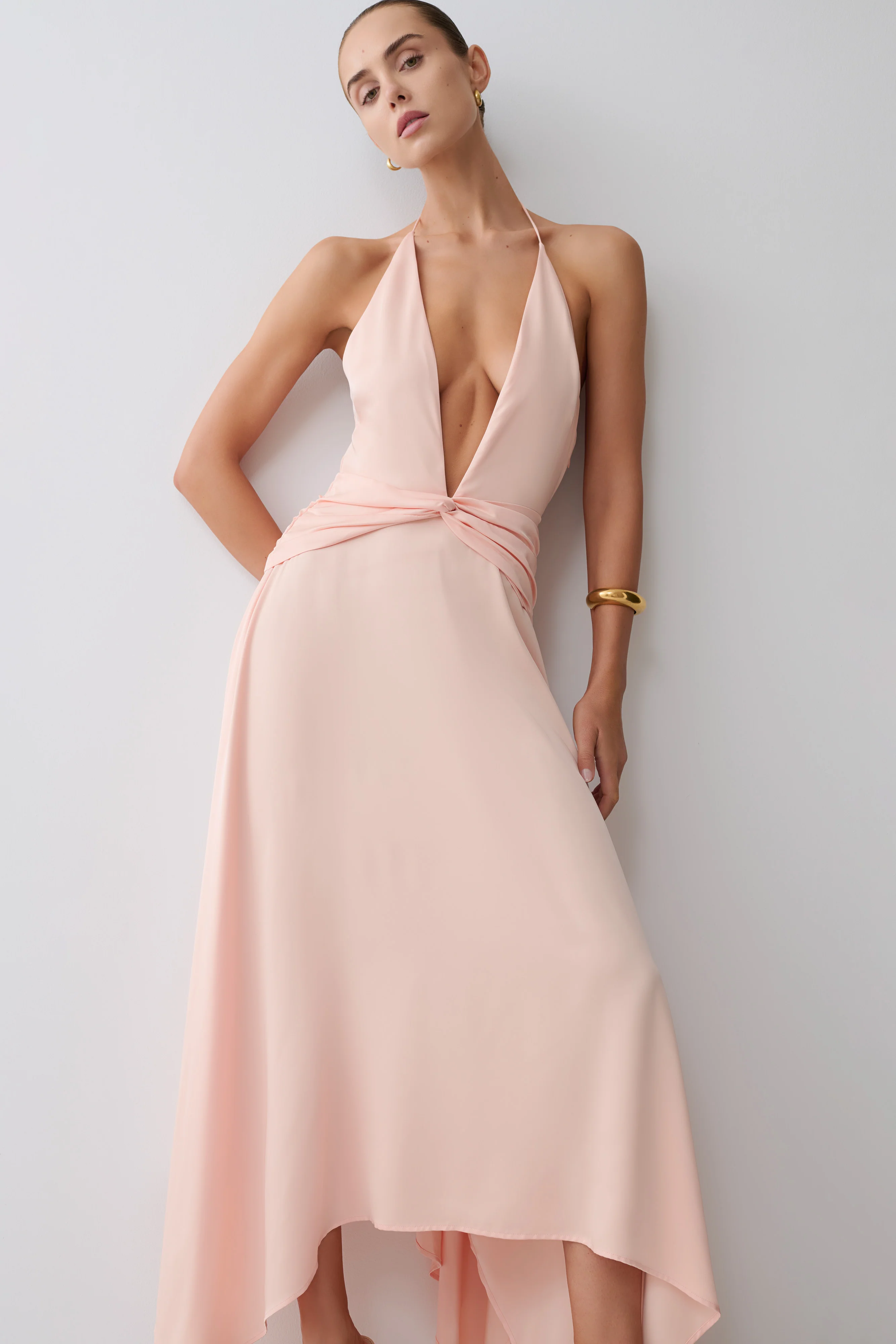 Cyra Plunge Satin Midi Dress - Peach - Image 5