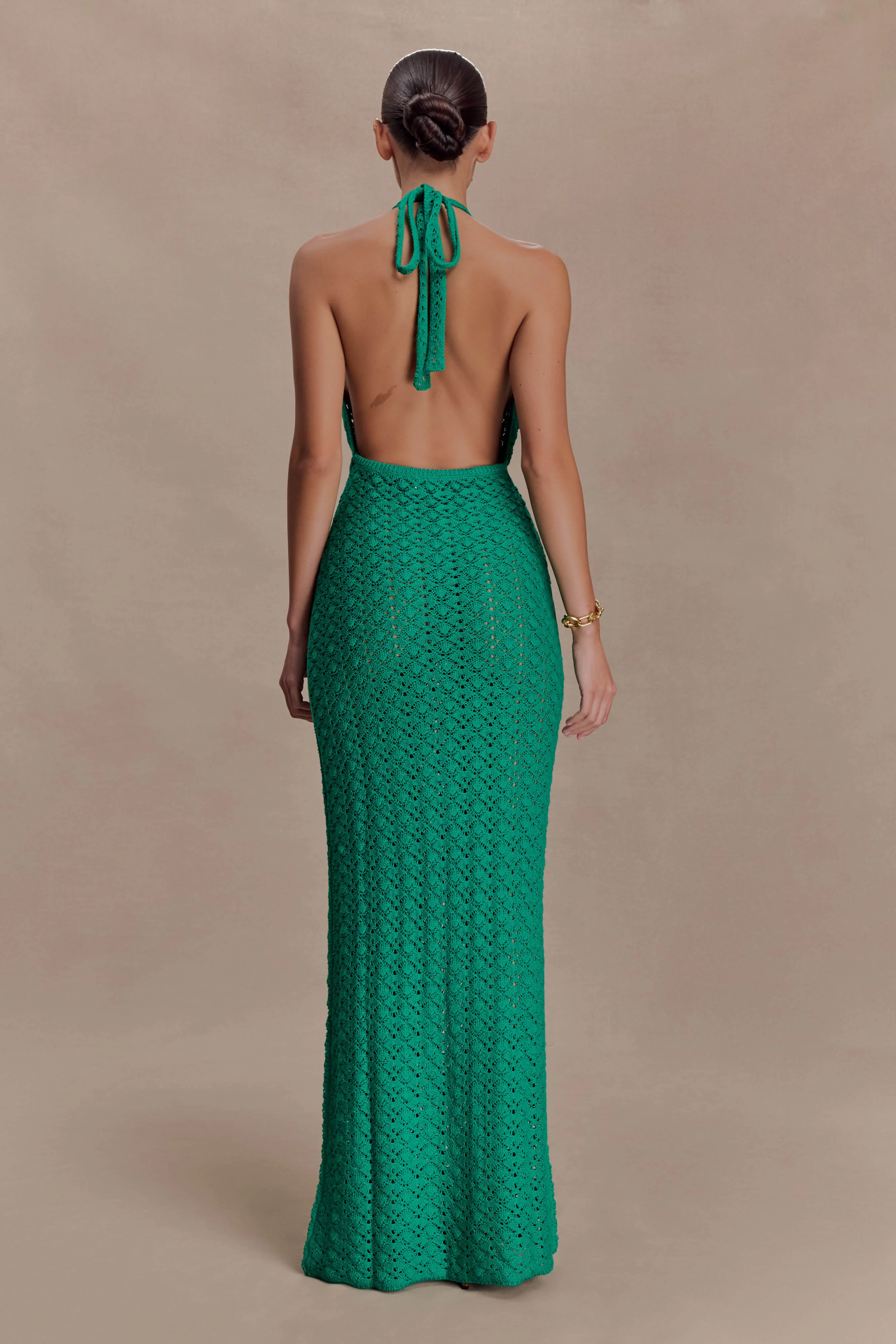 Deeliah Halterneck Crochet Maxi Dress - Emerald - Image 2