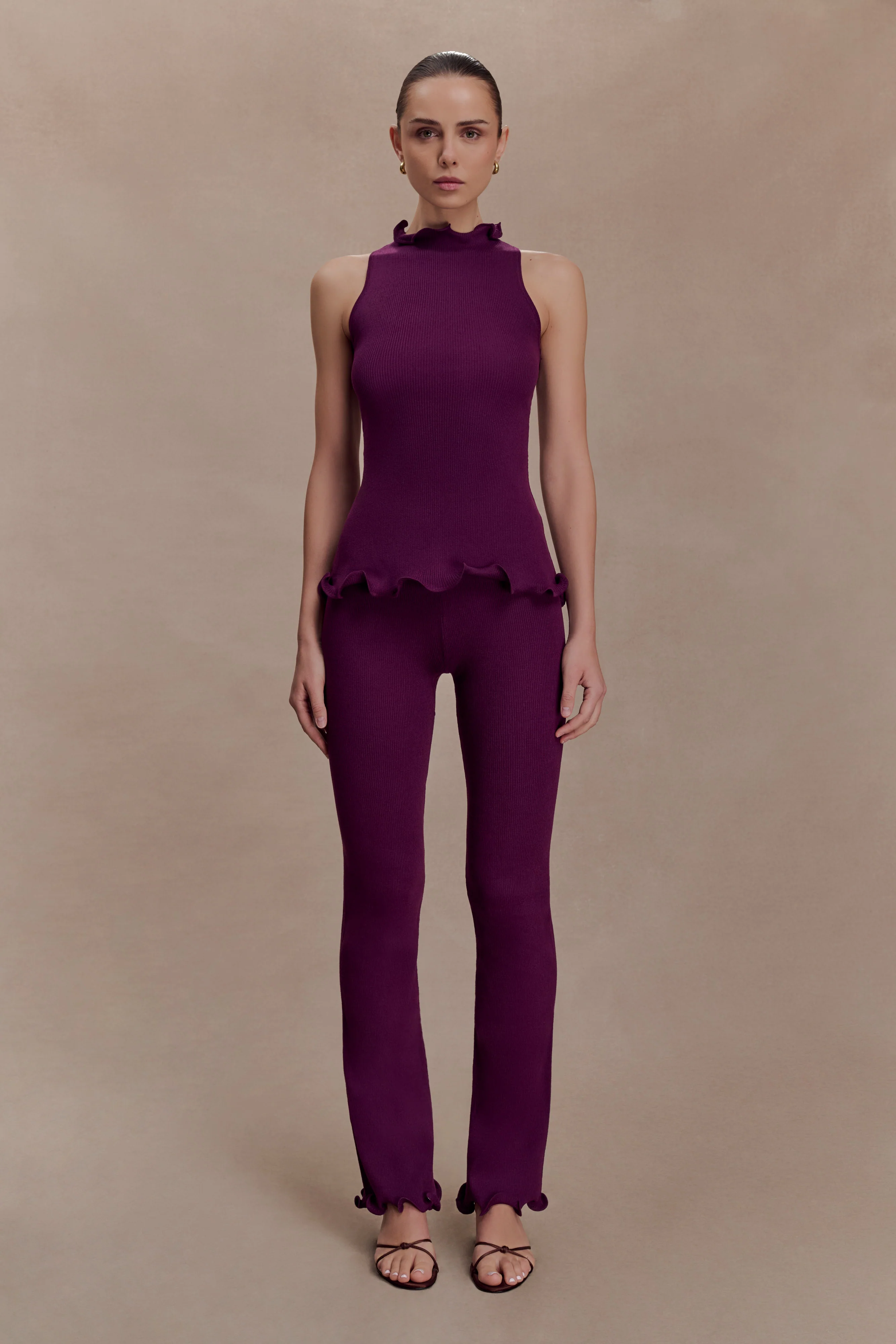 Diya Ribbed High Waisted Pants With Wire Hem - Plum - Image 2