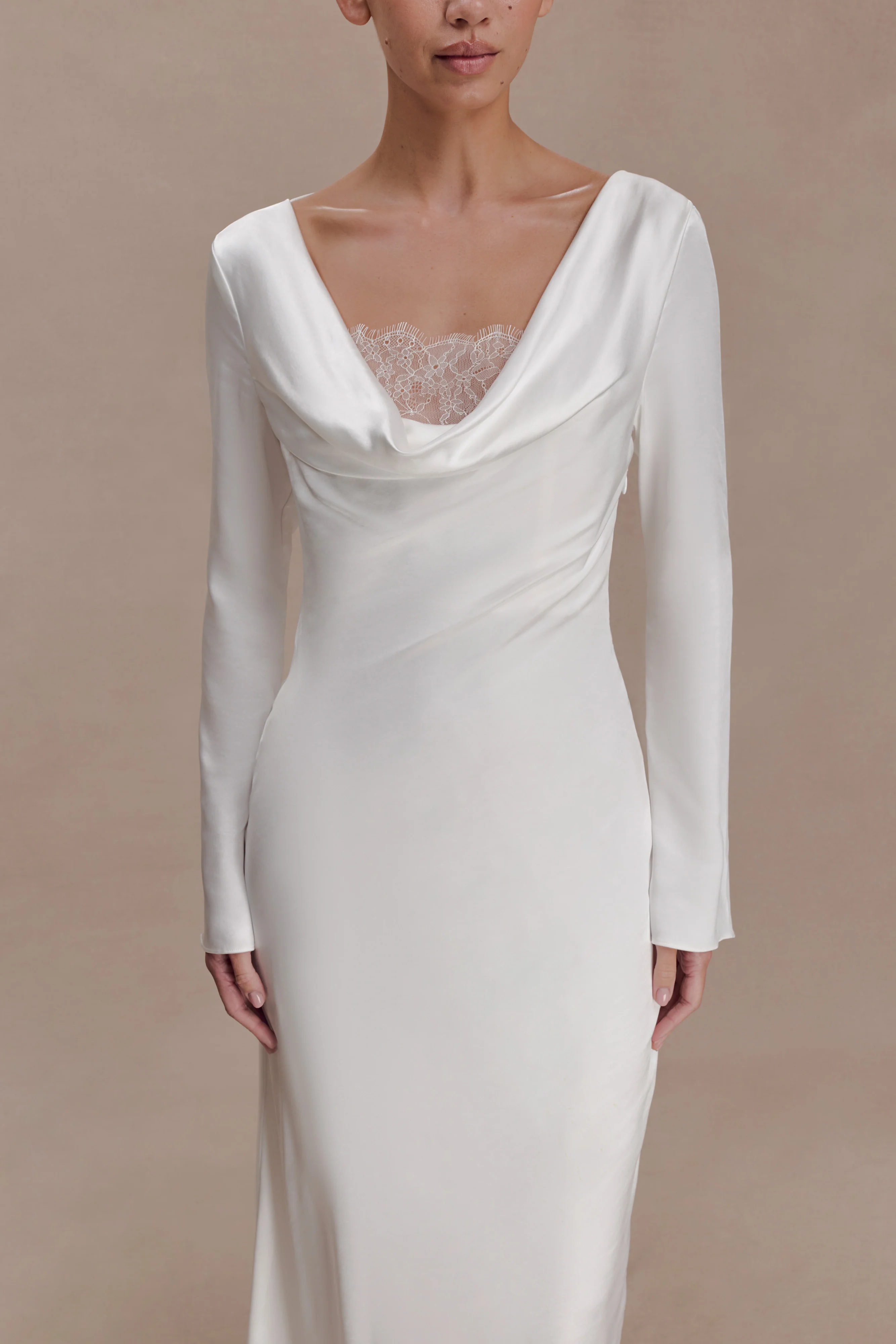 Eliza Long Sleeve Cowl Lace And Satin Maxi Dress - Ivory - Image 3