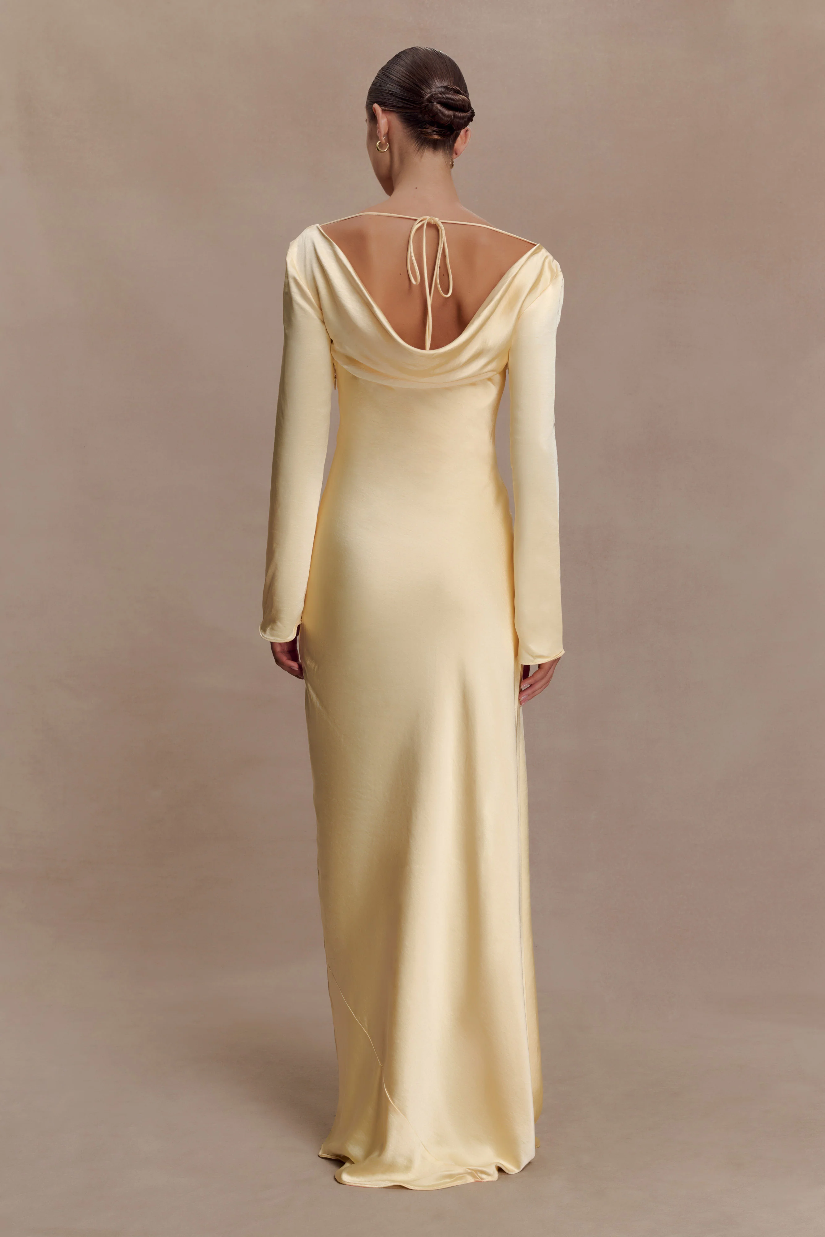 Eliza Long Sleeve Cowl Lace And Satin Maxi Dress - Lemon - Image 2