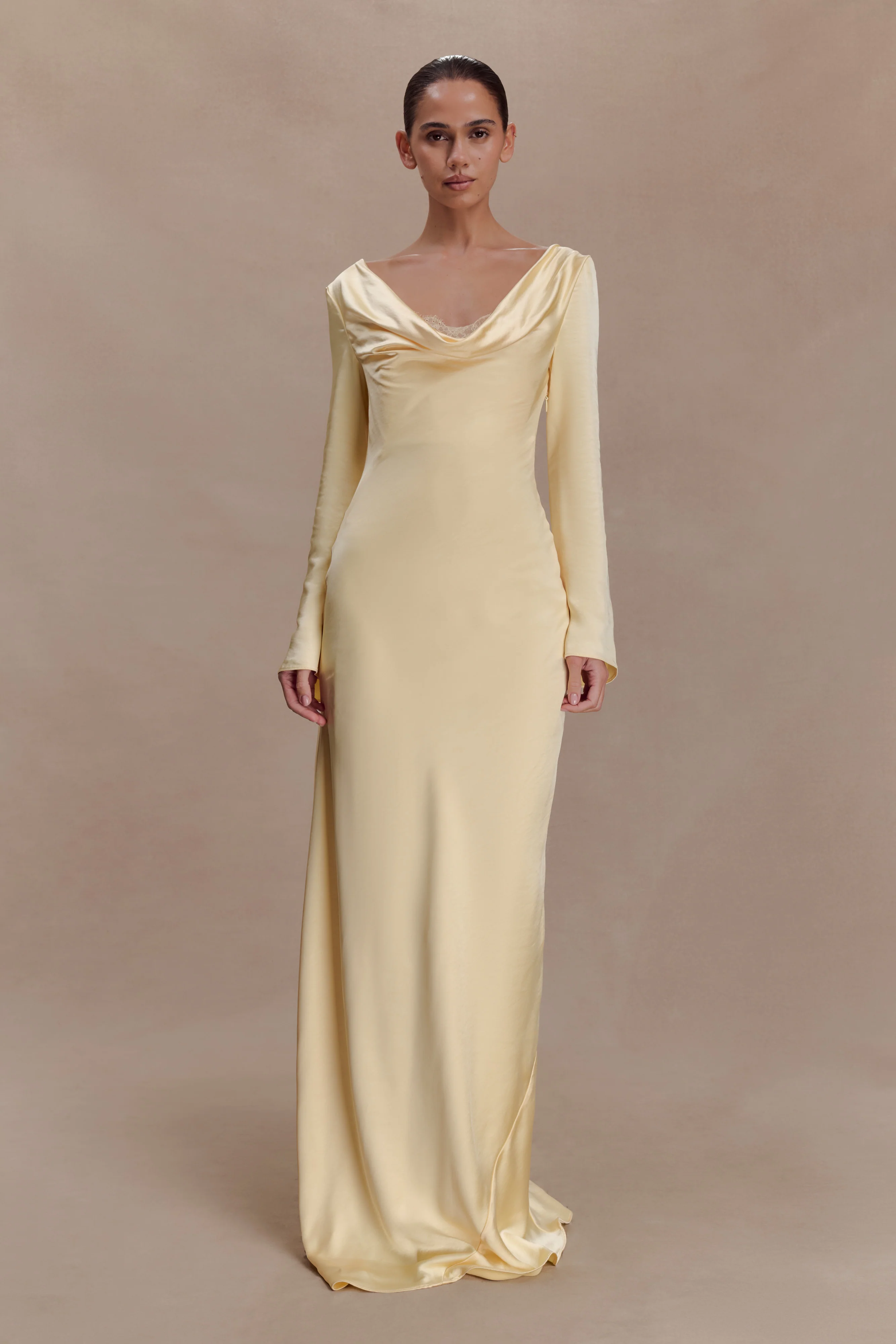 Eliza Long Sleeve Cowl Lace And Satin Maxi Dress - Lemon - Image 5