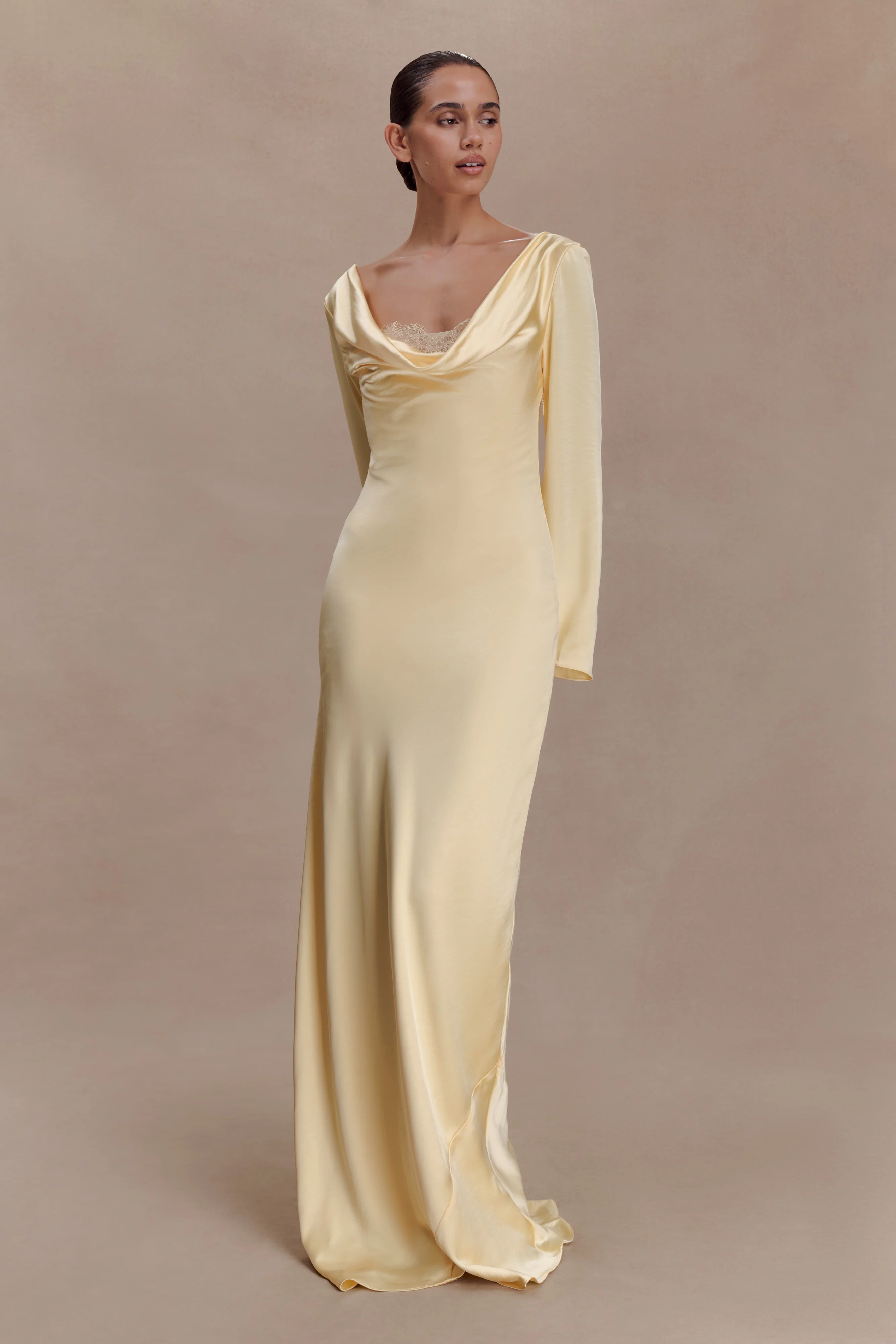 Eliza Long Sleeve Cowl Lace And Satin Maxi Dress - Lemon - Image 6