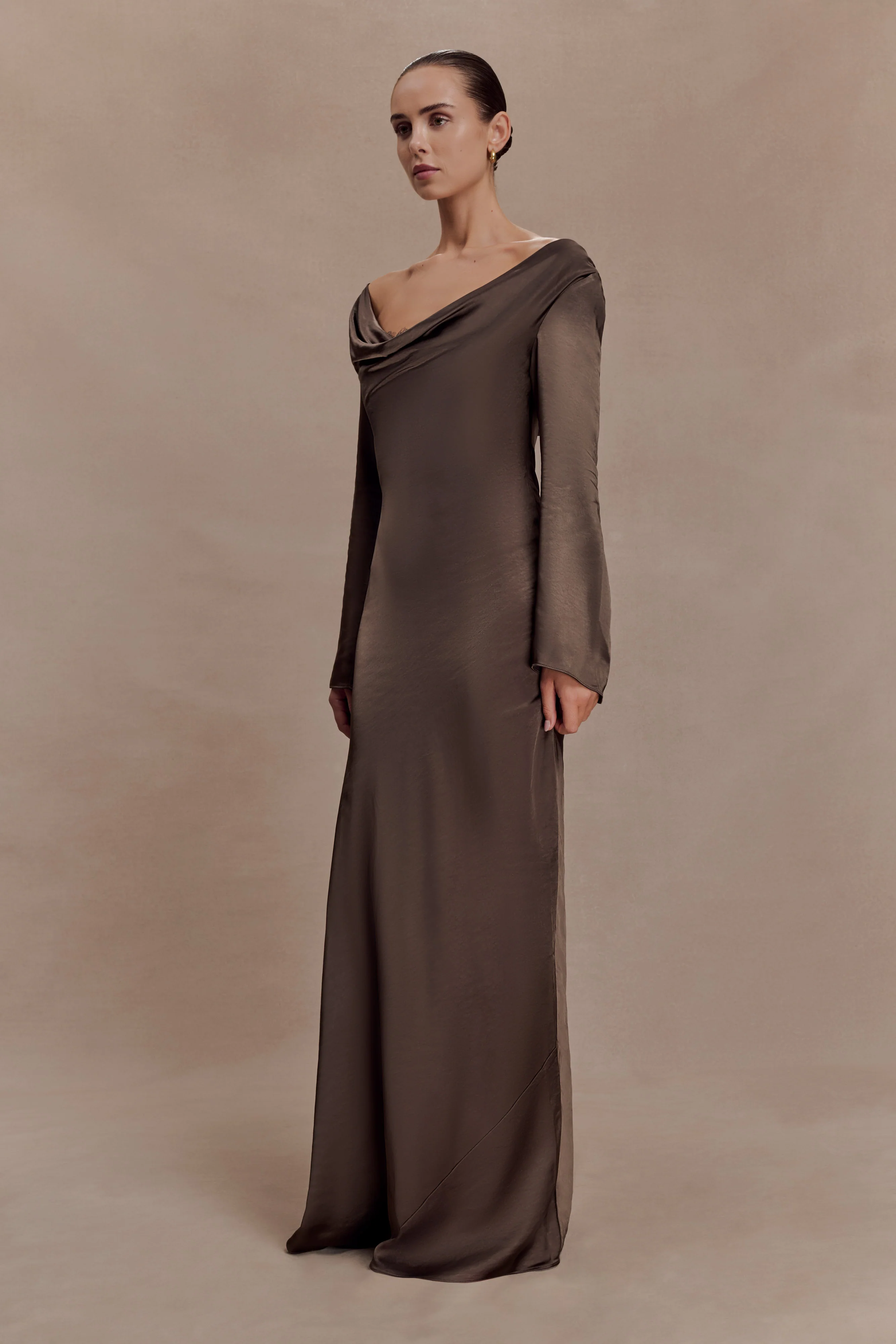 Eliza Long Sleeve Cowl Lace And Satin Maxi Dress - Mocha - Image 4
