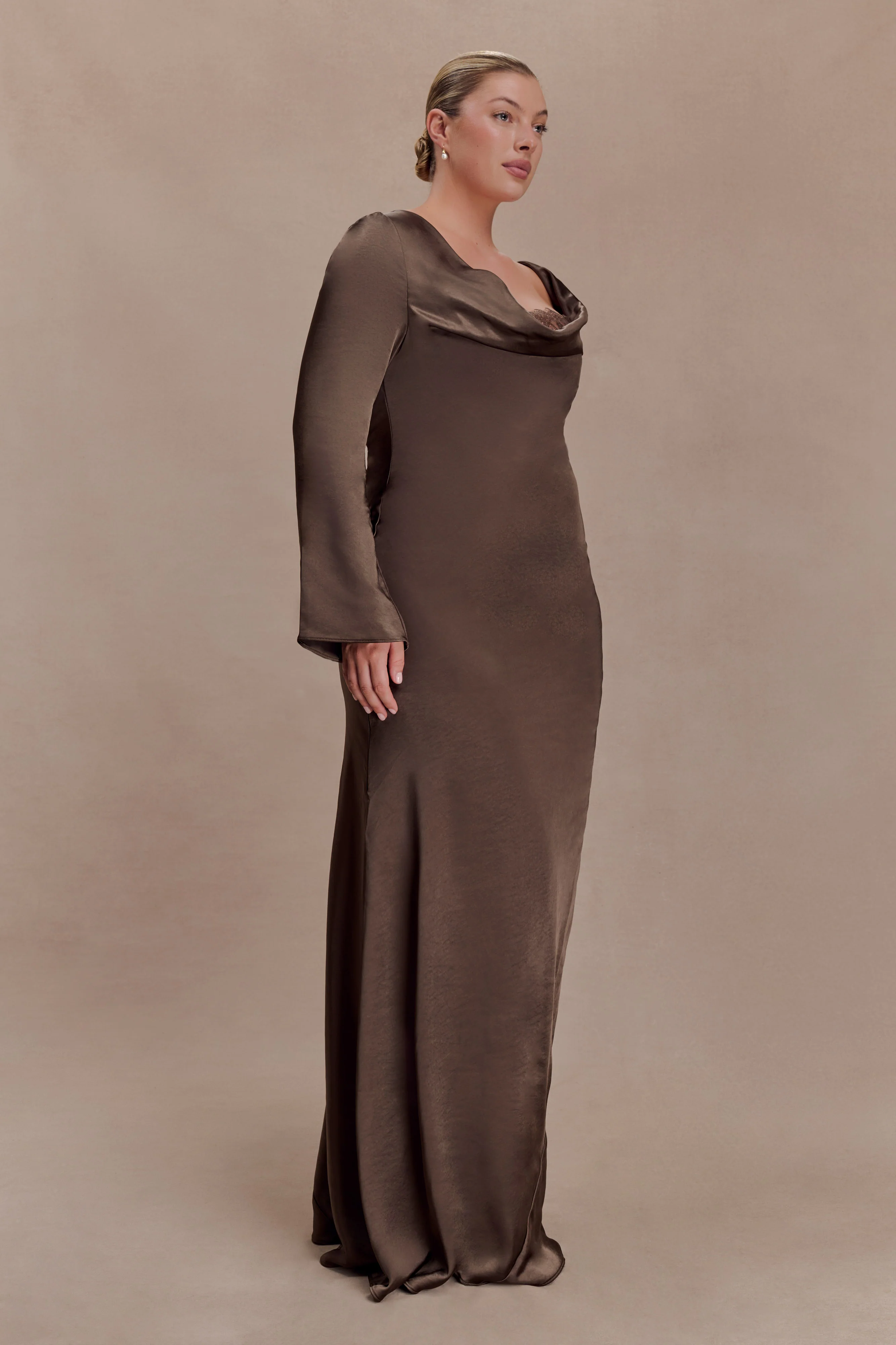 Eliza Long Sleeve Cowl Lace And Satin Maxi Dress - Mocha - Image 7