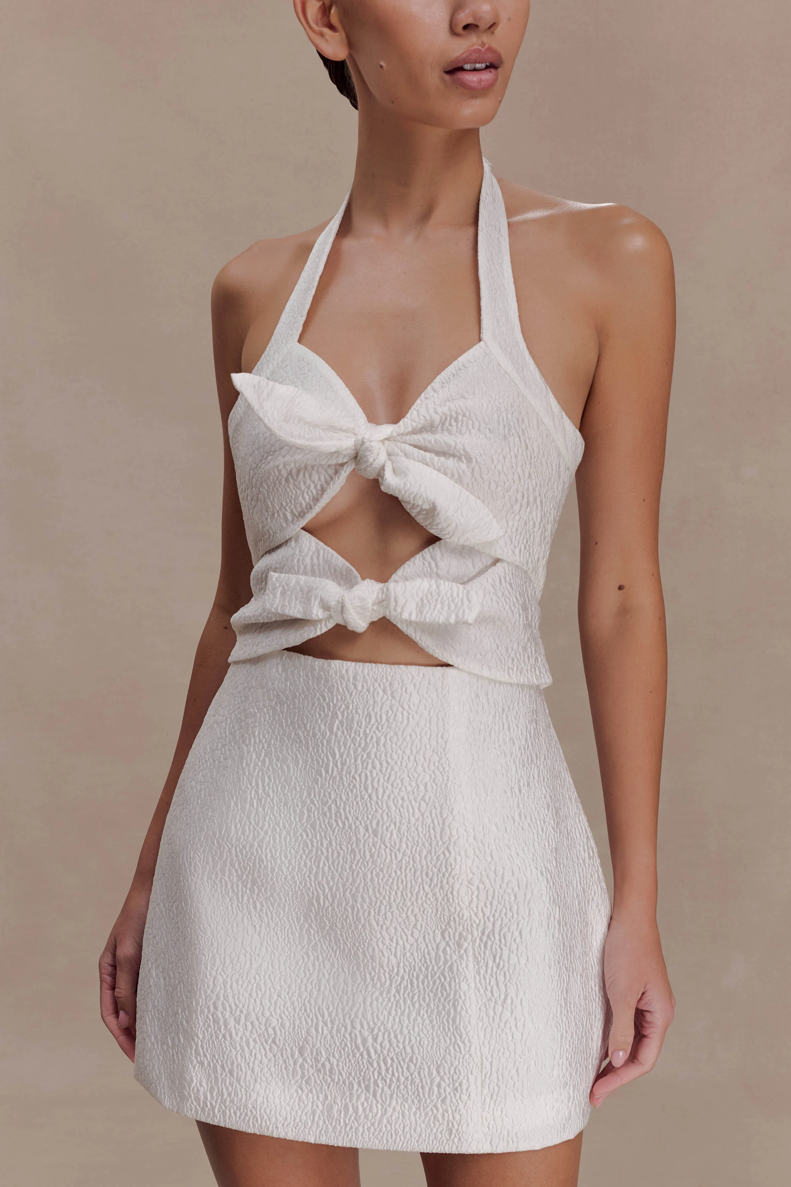 Ella Bow Detail Halter Mini Dress - White - Image 3