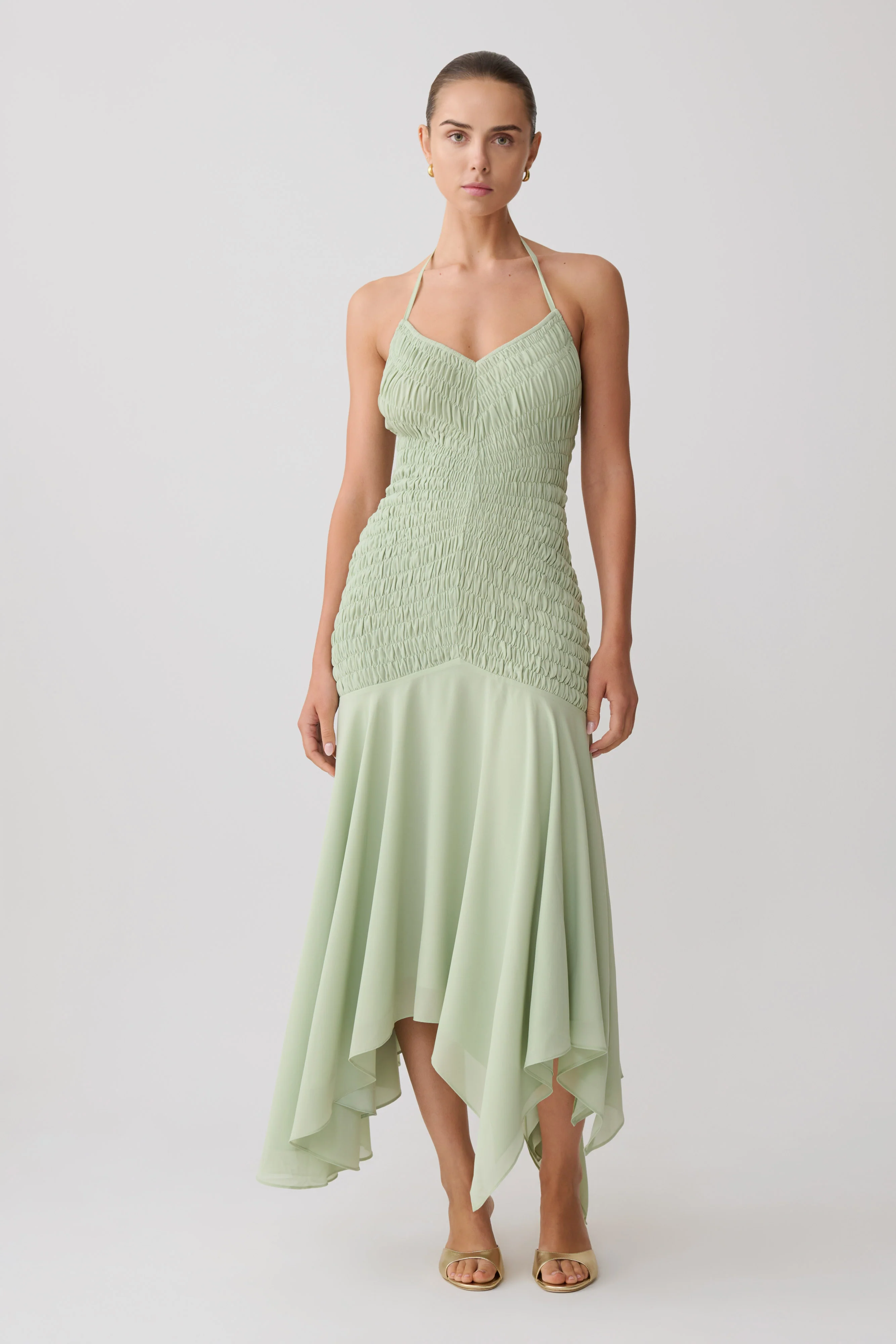 Evelyn Shirred Chiffon Maxi Dress - Sage - Image 2