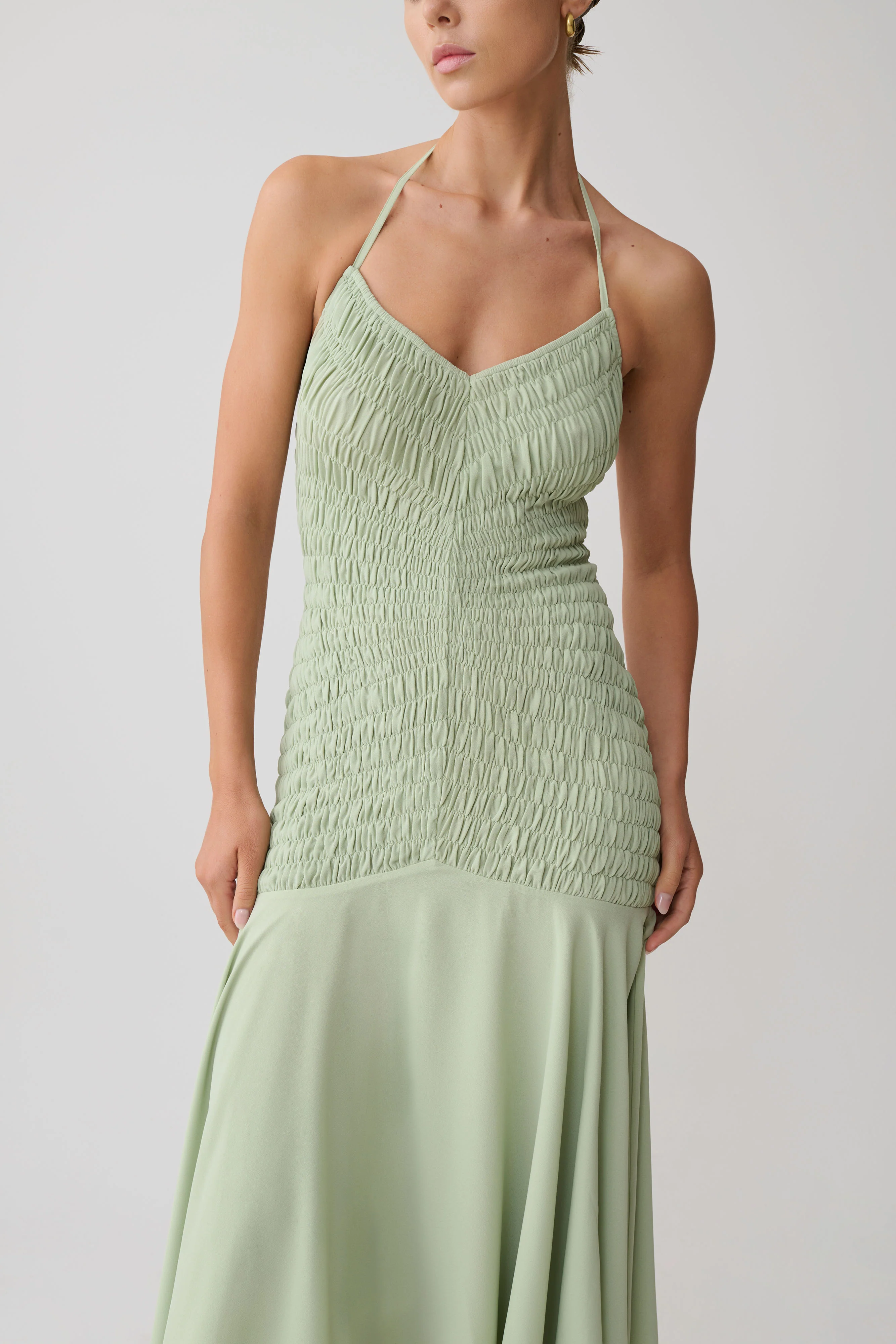 Evelyn Shirred Chiffon Maxi Dress - Sage - Image 3