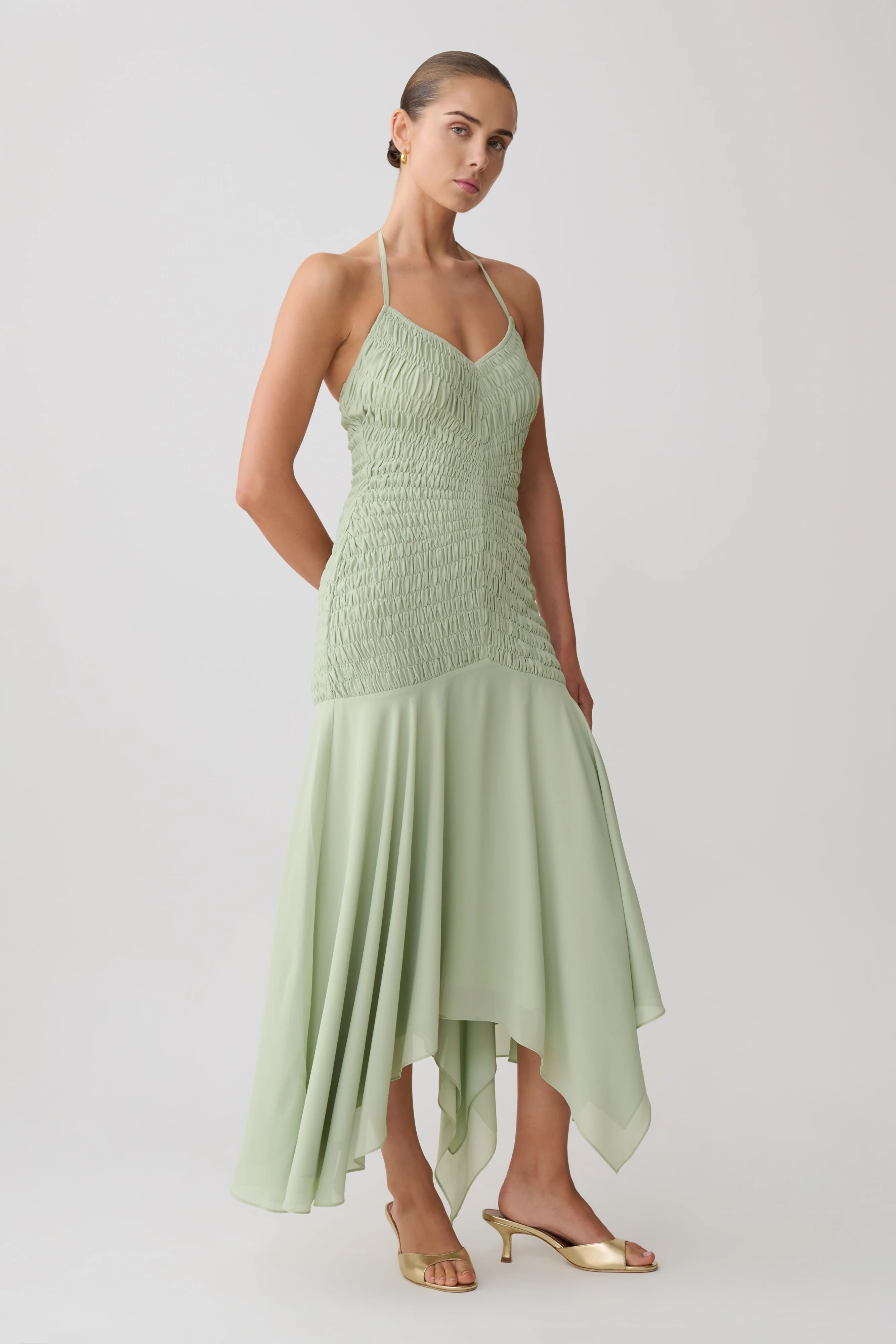 Evelyn Shirred Chiffon Maxi Dress - Sage - Image 5
